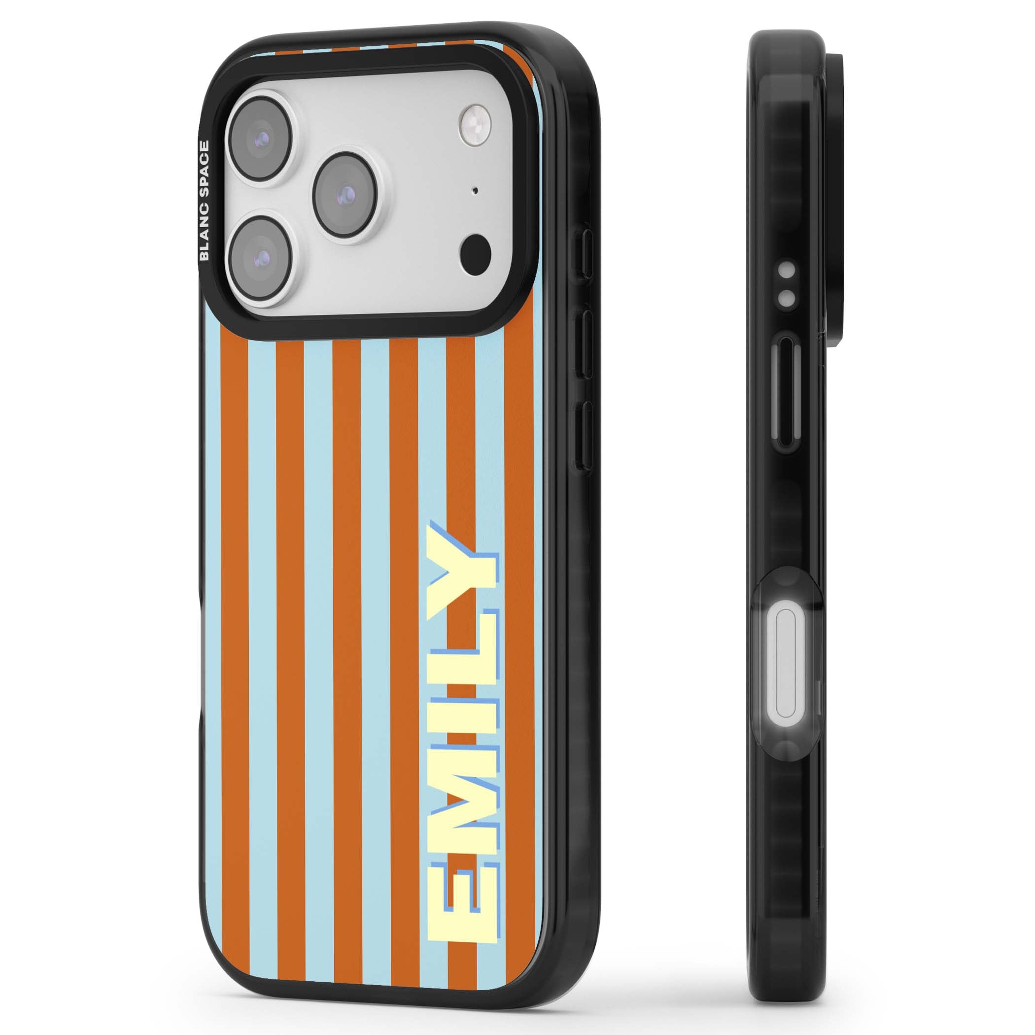 Cappadocia Stripe personalised coastal iPhone case featuring blue and orange vertical stripes with custom cream name | Black Impact Magsafe case for iPhone 17 Pro, iPhone 17 Pro Max