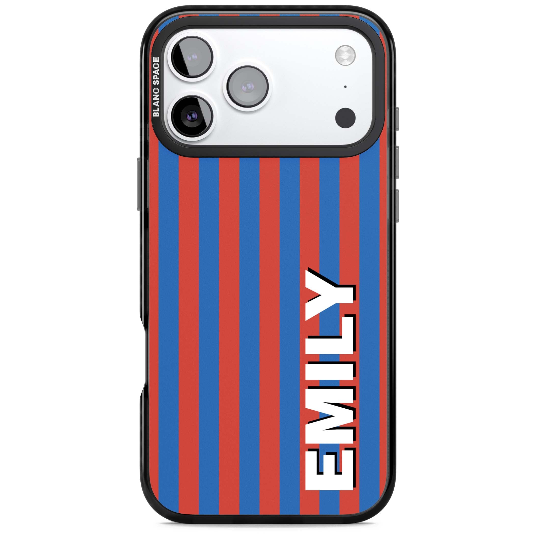 Cuban Stripe personalised iPhone case featuring red and blue vertical stripes with custom name in bold white letters | Black Impact Magsafe case for iPhone 17 Pro, iPhone 17 Pro Max