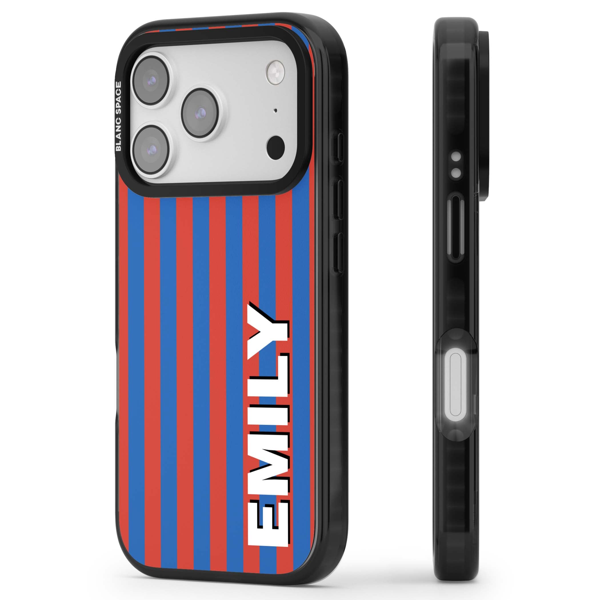 Cuban Stripe personalised iPhone case featuring red and blue vertical stripes with custom name in bold white letters | Black Impact Magsafe case for iPhone 17 Pro, iPhone 17 Pro Max
