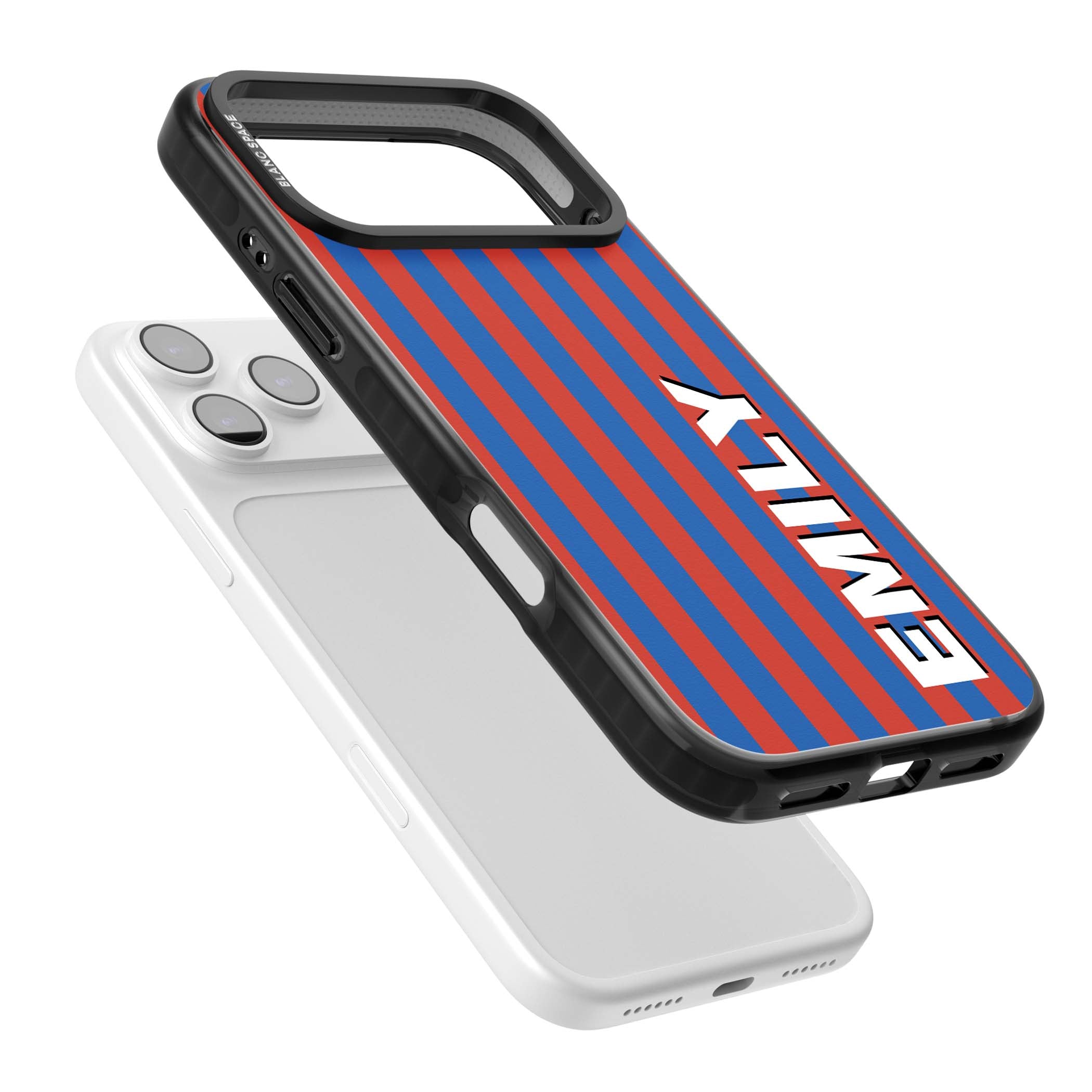 Cuban Stripe personalised iPhone case featuring red and blue vertical stripes with custom name in bold white letters | Black Impact Magsafe case for iPhone 17 Pro, iPhone 17 Pro Max