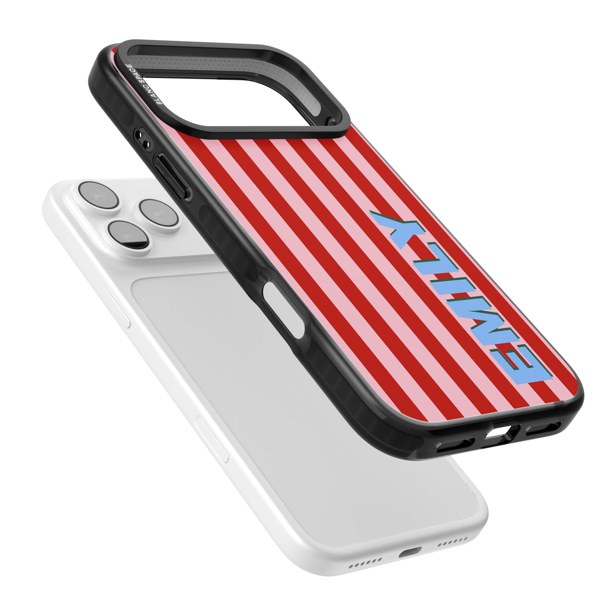 Market Stripe personalised iPhone case with red and pink vertical stripes and custom blue name | Black Impact Magsafe case for iPhone 17 Pro, iPhone 17 Pro Max