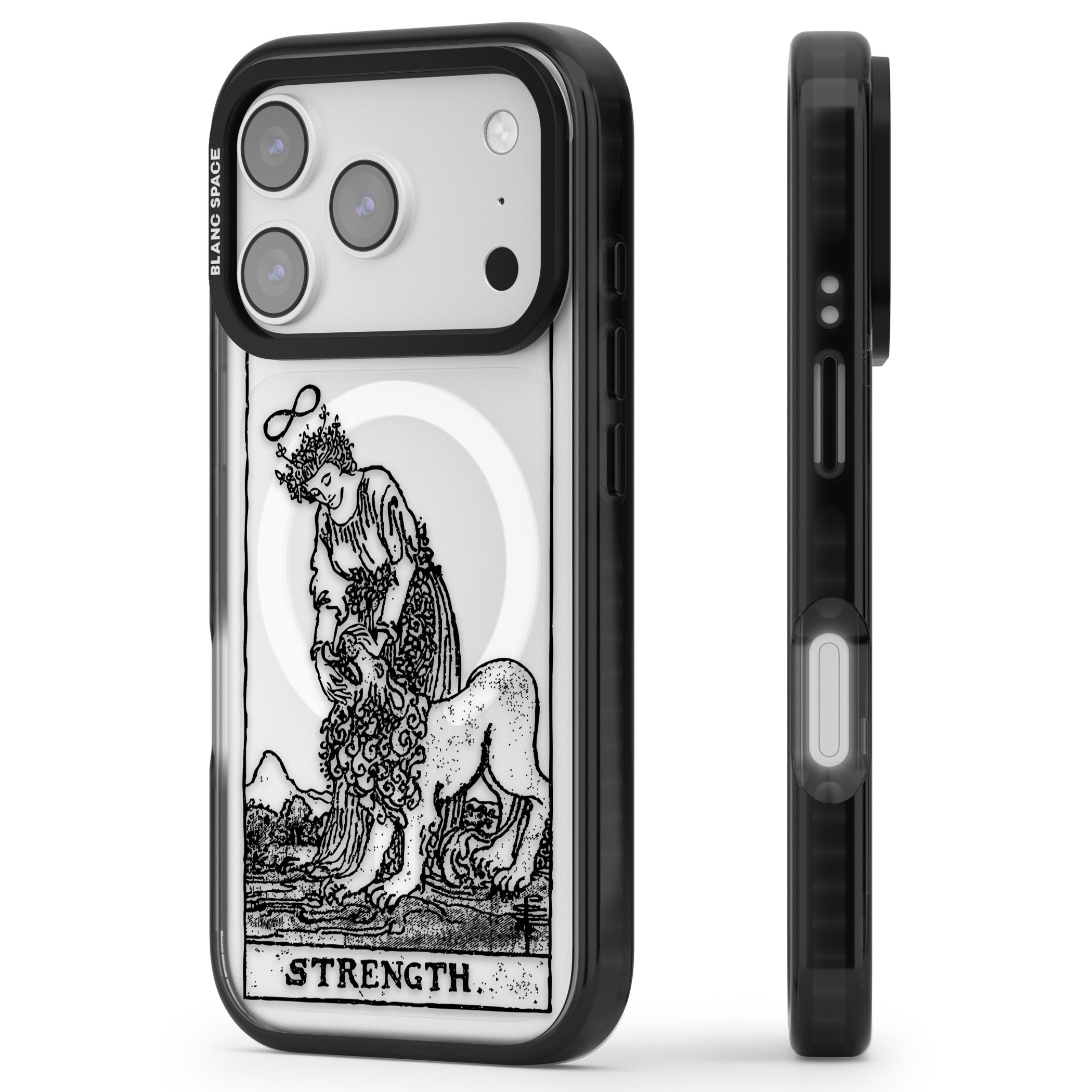 Personalised Strength Tarot Card (Clear) iPhone 17 Pro Impact Pro Black Phone Case Side Profile