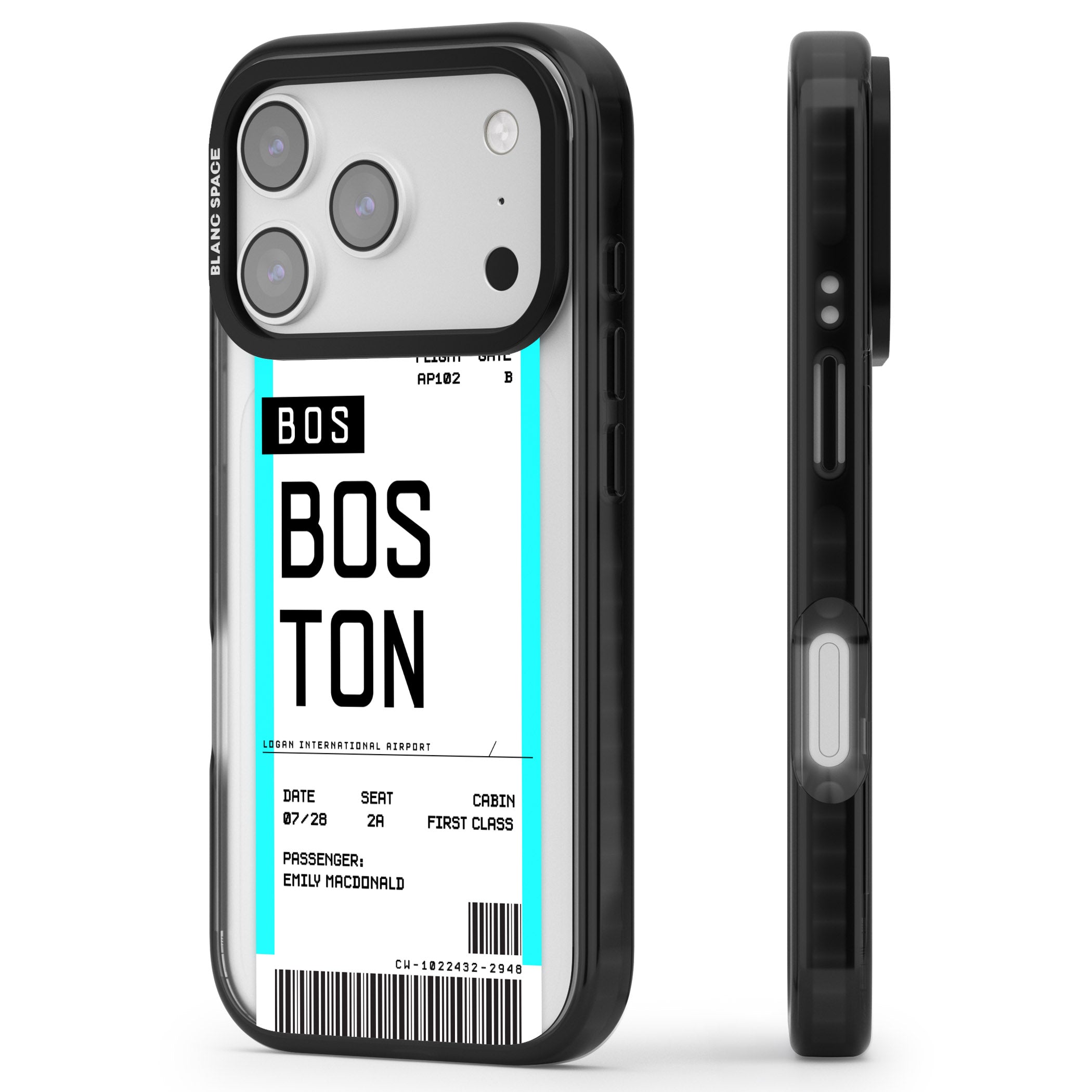 Personalised Boston Boarding Pass iPhone 17 Pro Impact Pro Black Phone Case Side Profile