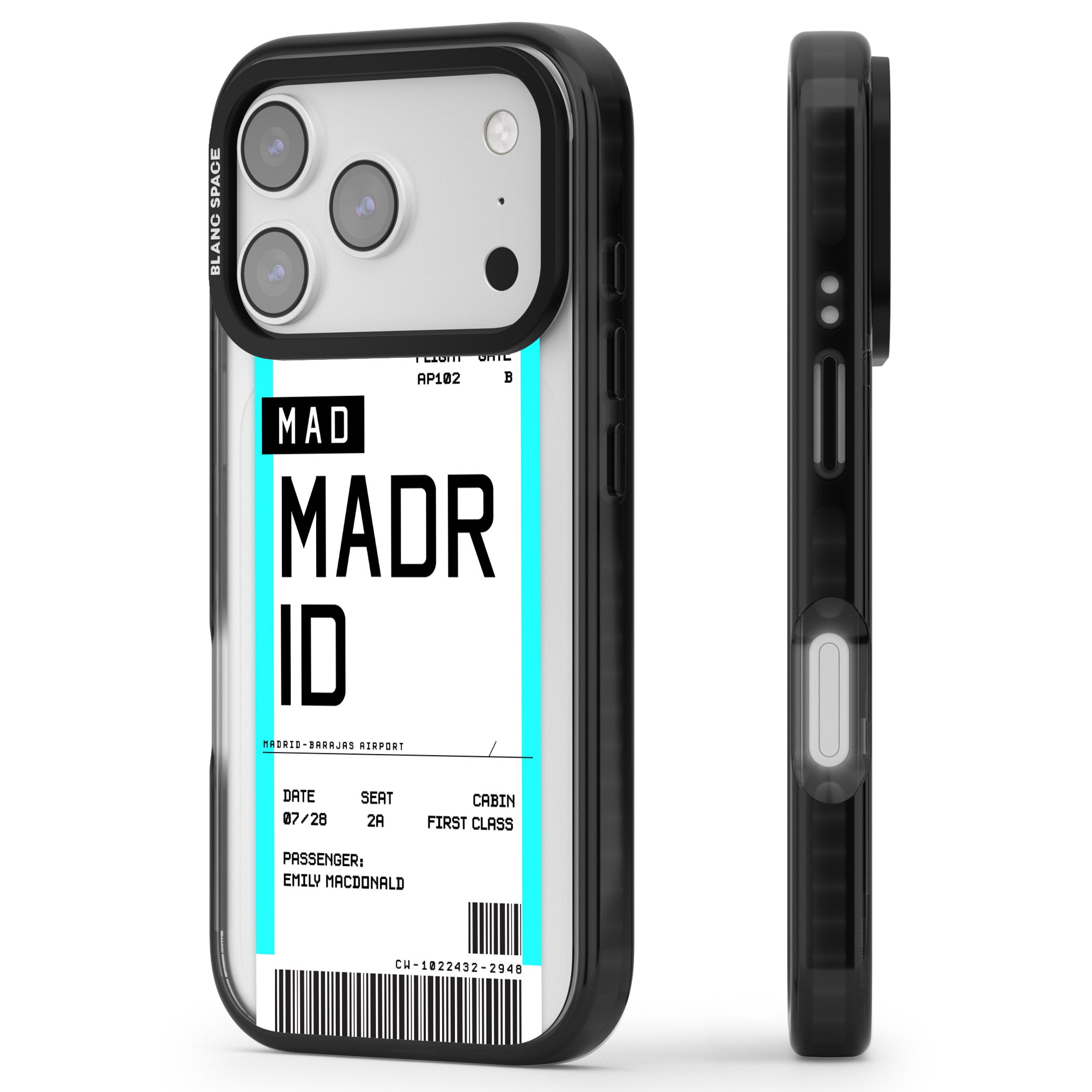 Personalised Madrid Boarding Pass iPhone 17 Pro Impact Pro Black Phone Case Side Profile
