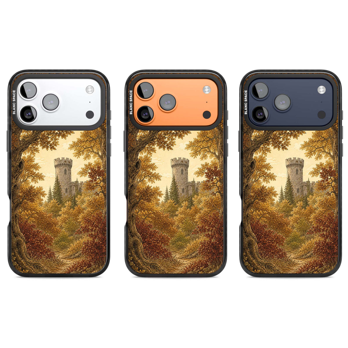 Autumn Keep cottagecore iPhone case featuring a medieval castle tower framed by golden autumn trees and woodland foliage | Black Impact Magsafe case for iPhone 17 Pro, iPhone 17 Pro Max