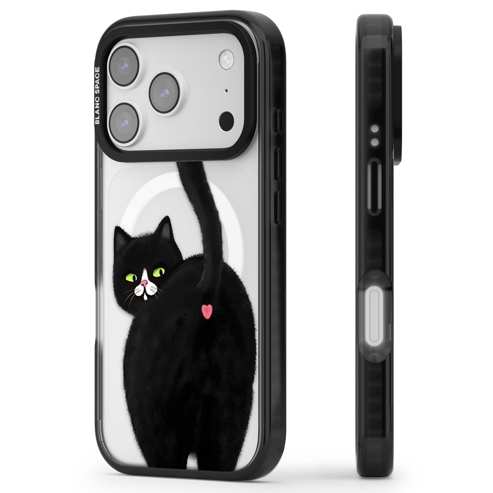 The Cat's Kiss cute cat iPhone case featuring a hand-painted tuxedo kitty with green eyes and a pink heart on a clear | Black Impact Magsafe case for iPhone 17 Pro, iPhone 17 Pro Max