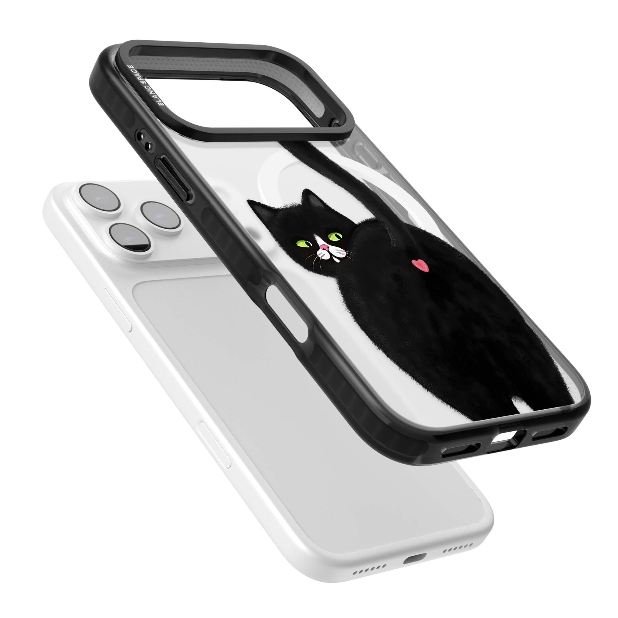 The Cat's Kiss cute cat iPhone case featuring a hand-painted tuxedo kitty with green eyes and a pink heart on a clear | Black Impact Magsafe case for iPhone 17 Pro, iPhone 17 Pro Max