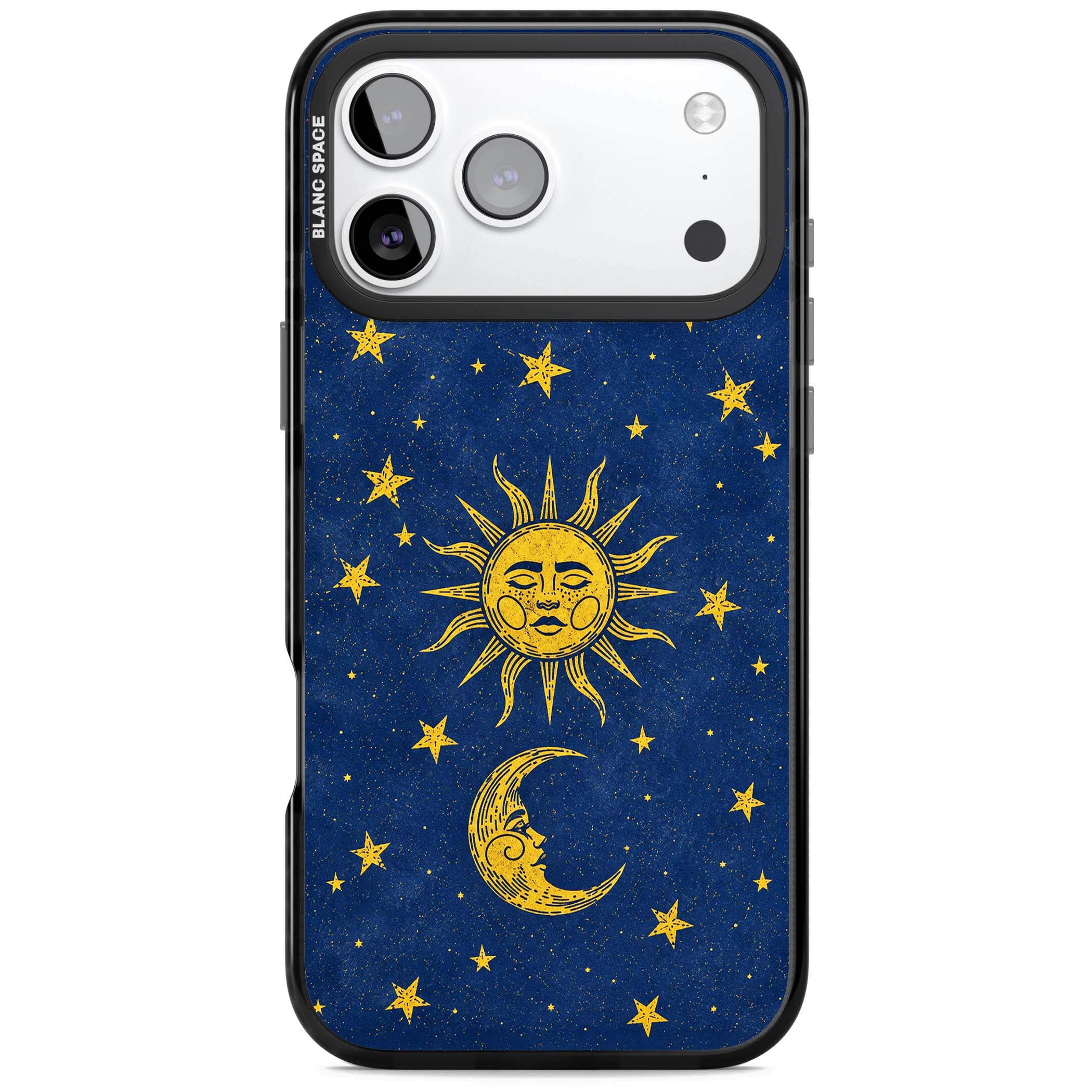 Sun & Moon Reverie celestial iPhone case featuring a vintage golden sun, crescent moon and scattered stars on midnight blue | Black Impact Magsafe case for iPhone 17 Pro, iPhone 17 Pro Max