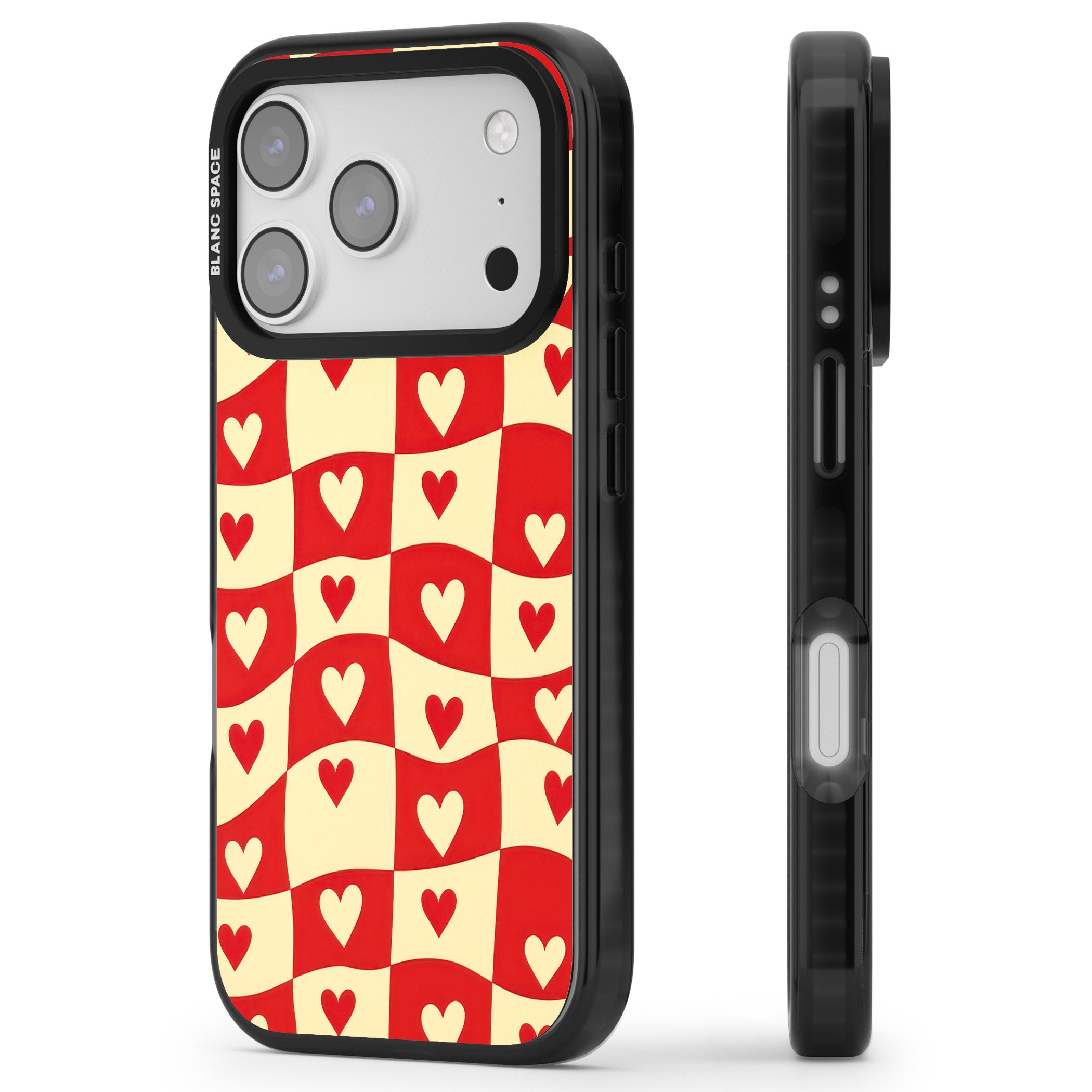 Red Wavy Checked & Hearts iPhone 17 Pro Impact Pro Black Phone Case Side Profile