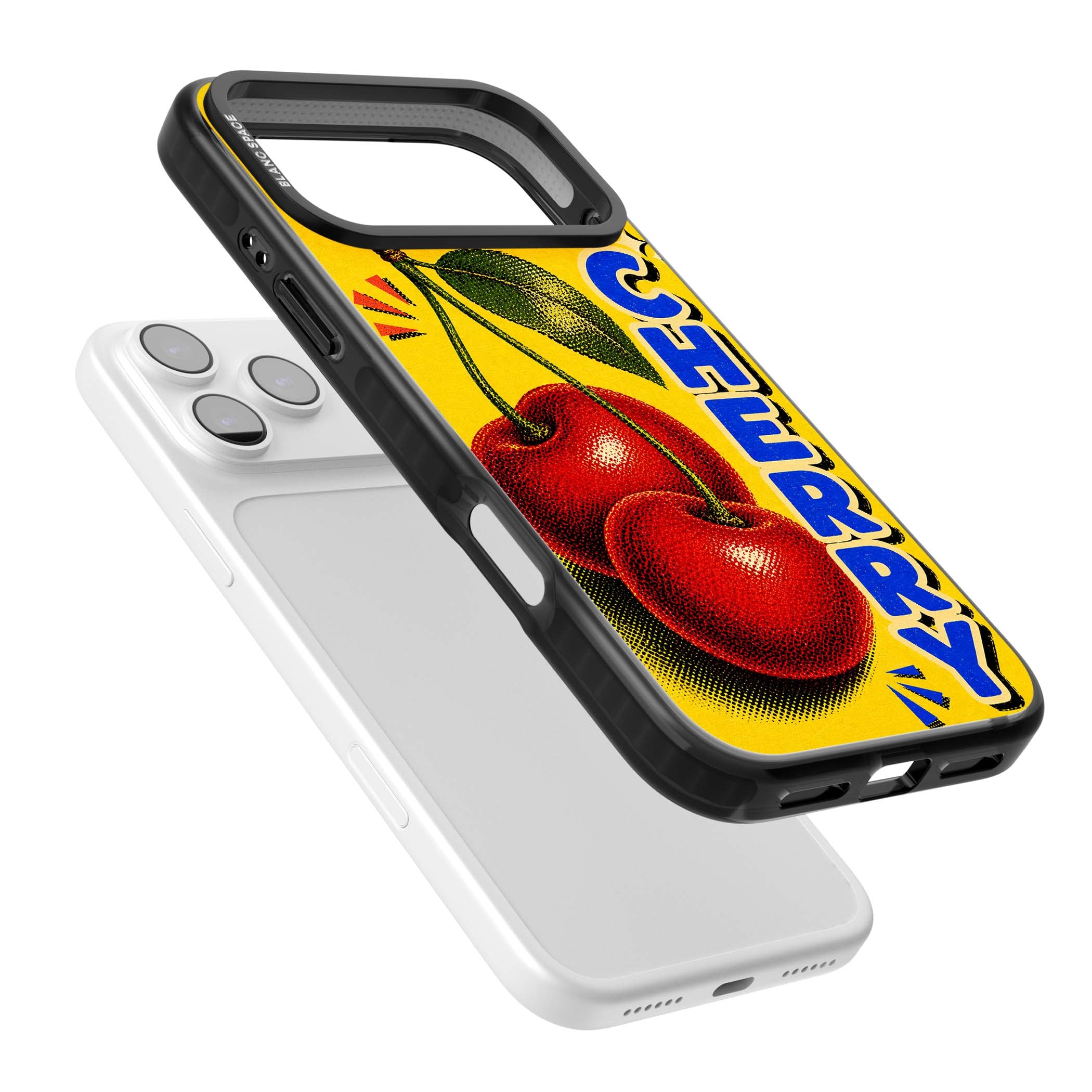 Cherry Yellow y2k iPhone case featuring two red cherries, halftone shading and bold blue CHERRY lettering on yellow | Black Impact Magsafe case for iPhone 17 Pro, iPhone 17 Pro Max
