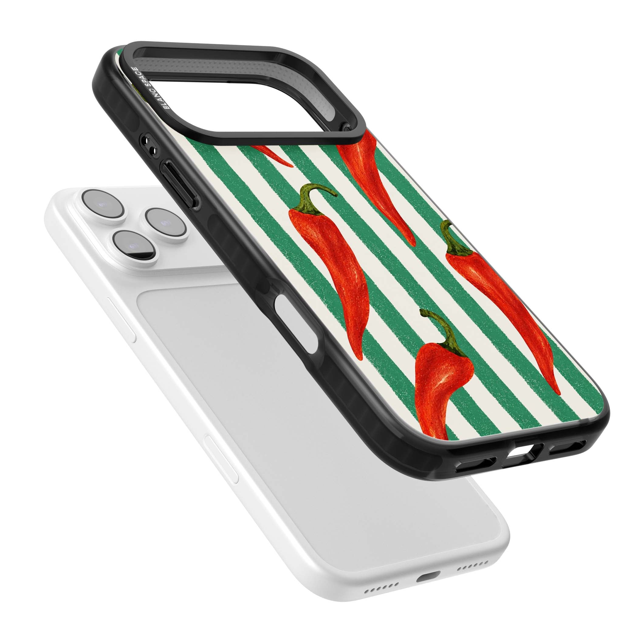 Striped Chillis coastal iPhone case featuring hand-painted red chili peppers on green and cream stripes | Black Impact Magsafe case for iPhone 17 Pro, iPhone 17 Pro Max