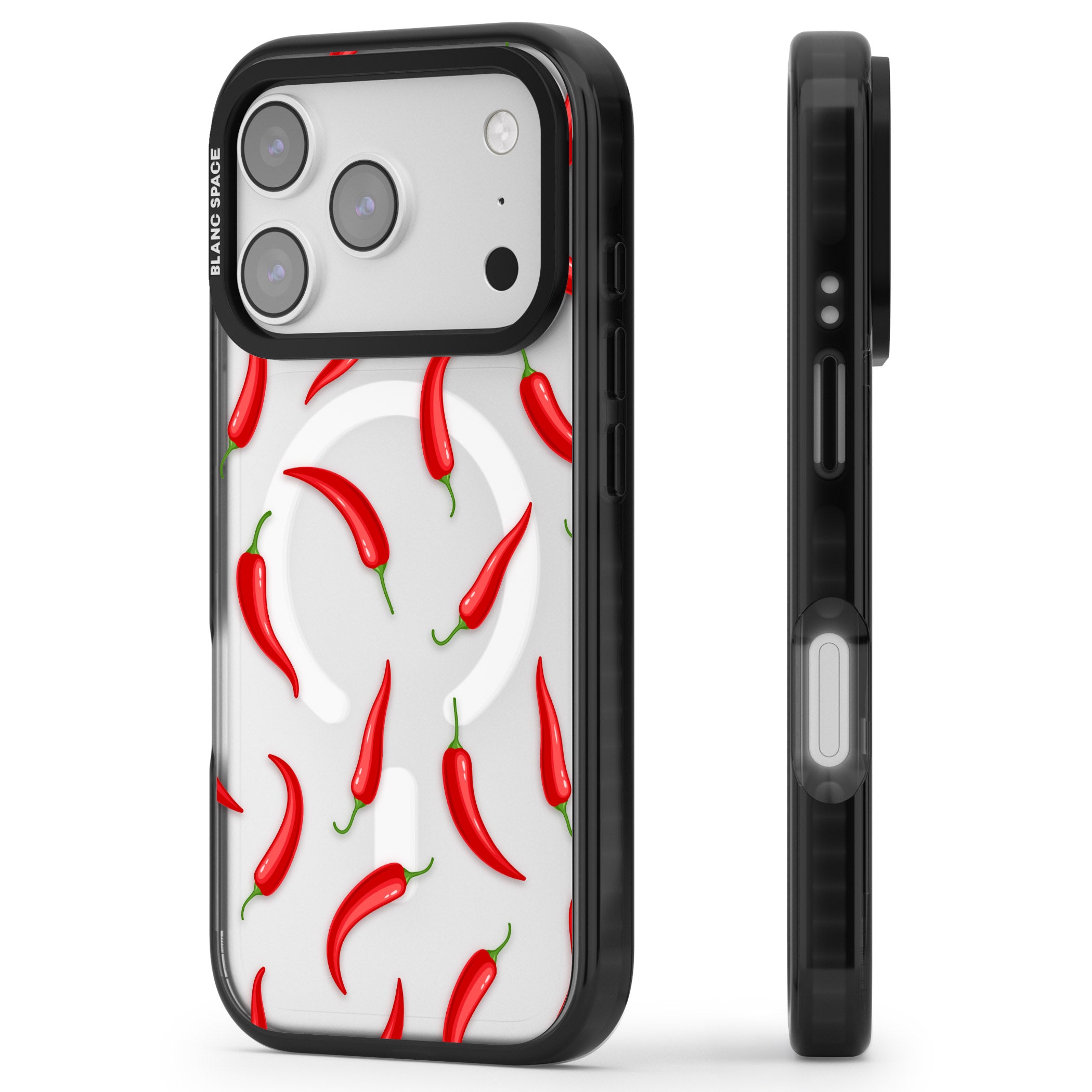 Chilli Pattern iPhone 17 Pro Impact Pro Black Phone Case Side Profile