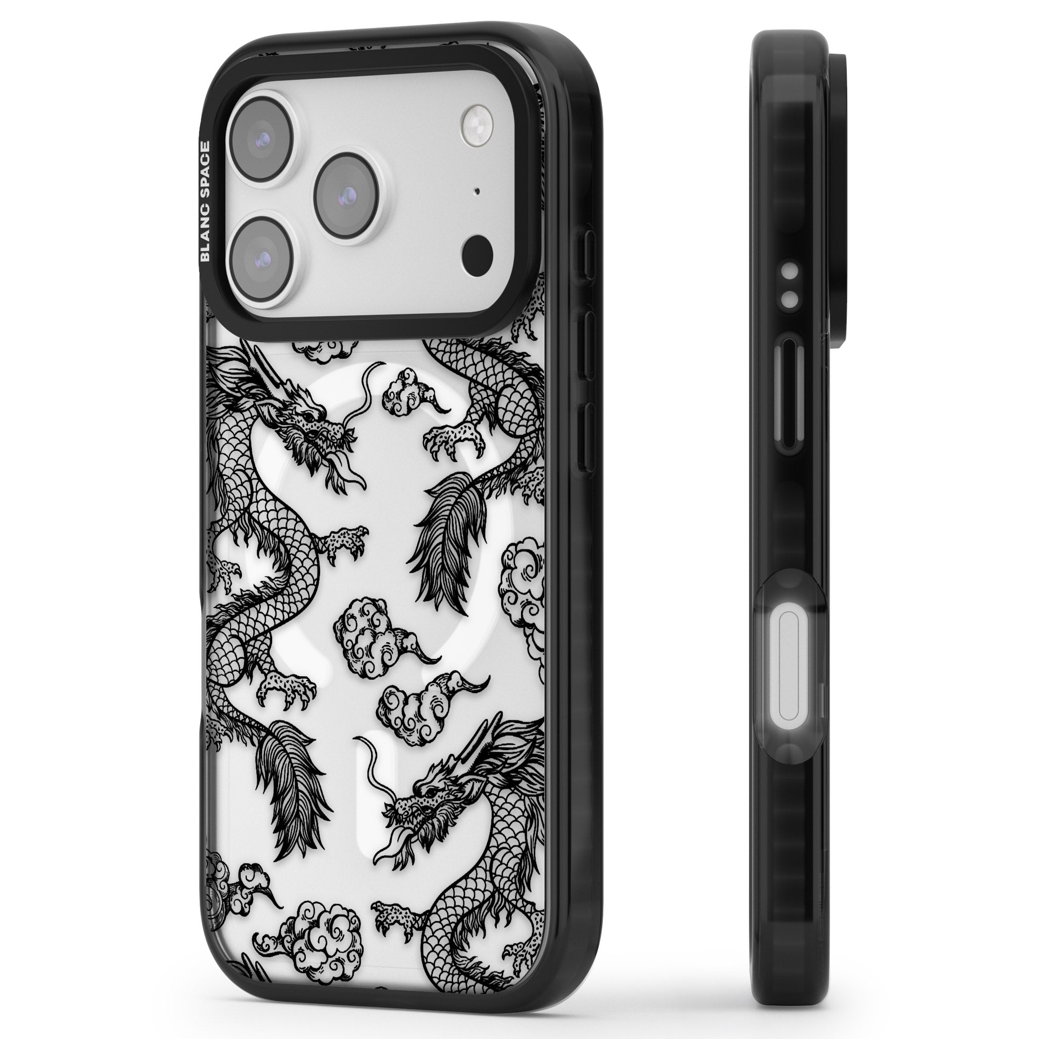 Black Dragon Pattern iPhone 17 Pro Impact Pro Black Phone Case Side Profile