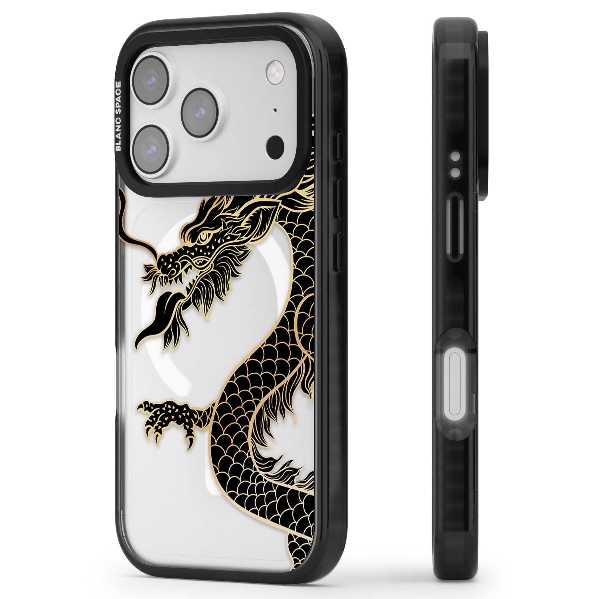 Large Black Dragon iPhone 17 Pro Impact Pro Black Phone Case Side Profile