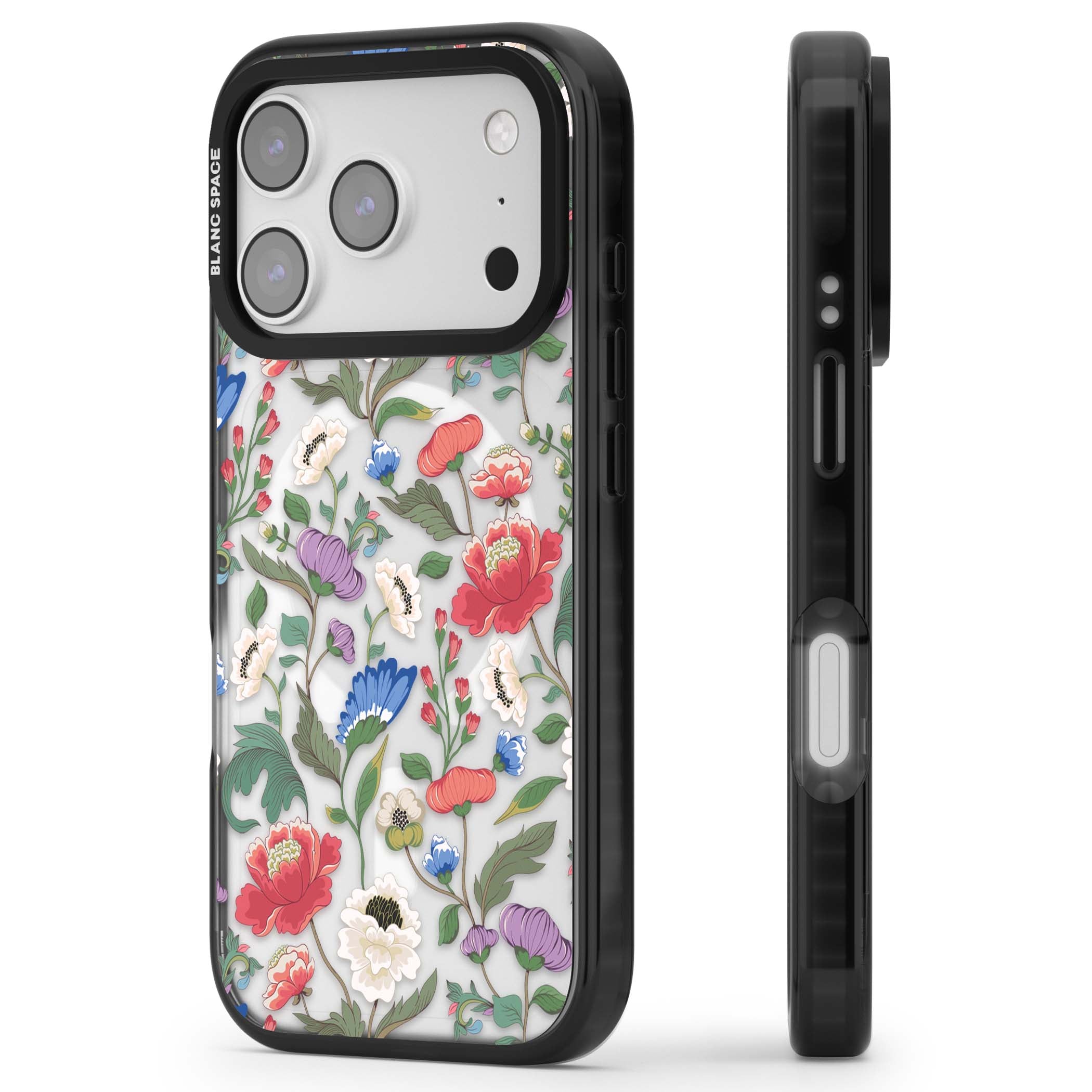 Chinoiserie Bloom vintage floral iPhone case featuring hand-painted peonies, poppies and trailing wildflowers on clear... | Black Impact Magsafe case for iPhone 17 Pro, iPhone 17 Pro Max