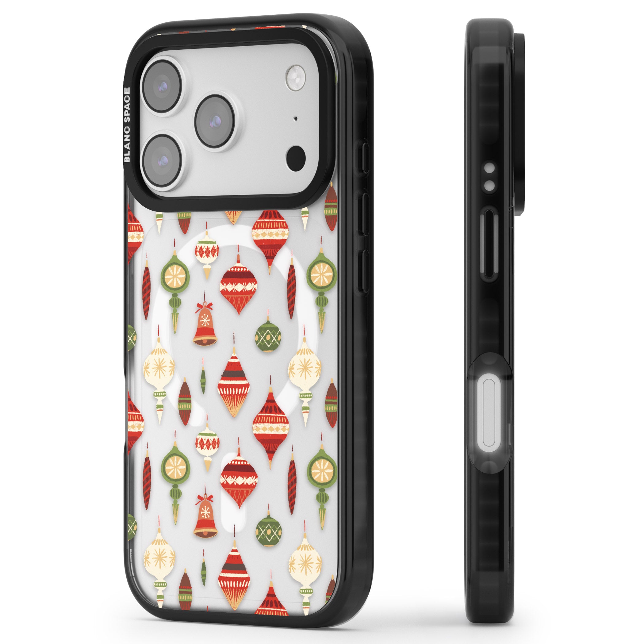 Christmas Baubles Pattern iPhone 17 Pro Impact Pro Black Phone Case Side Profile