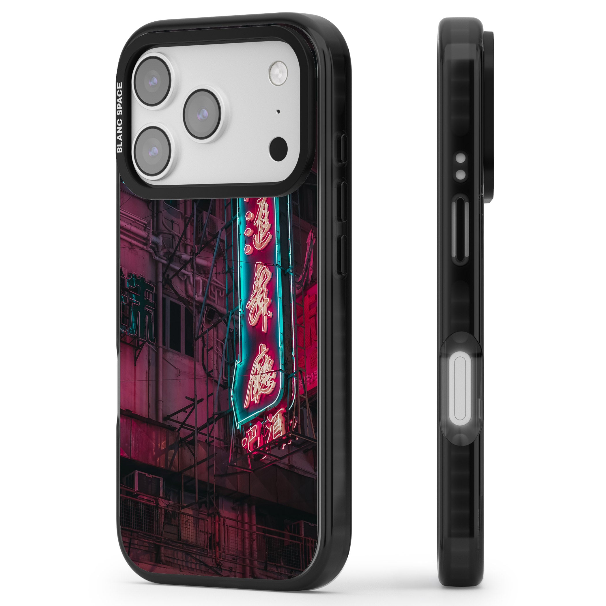 Neon Kanji Cityscape iPhone 17 Pro Impact Pro Black Phone Case Side Profile