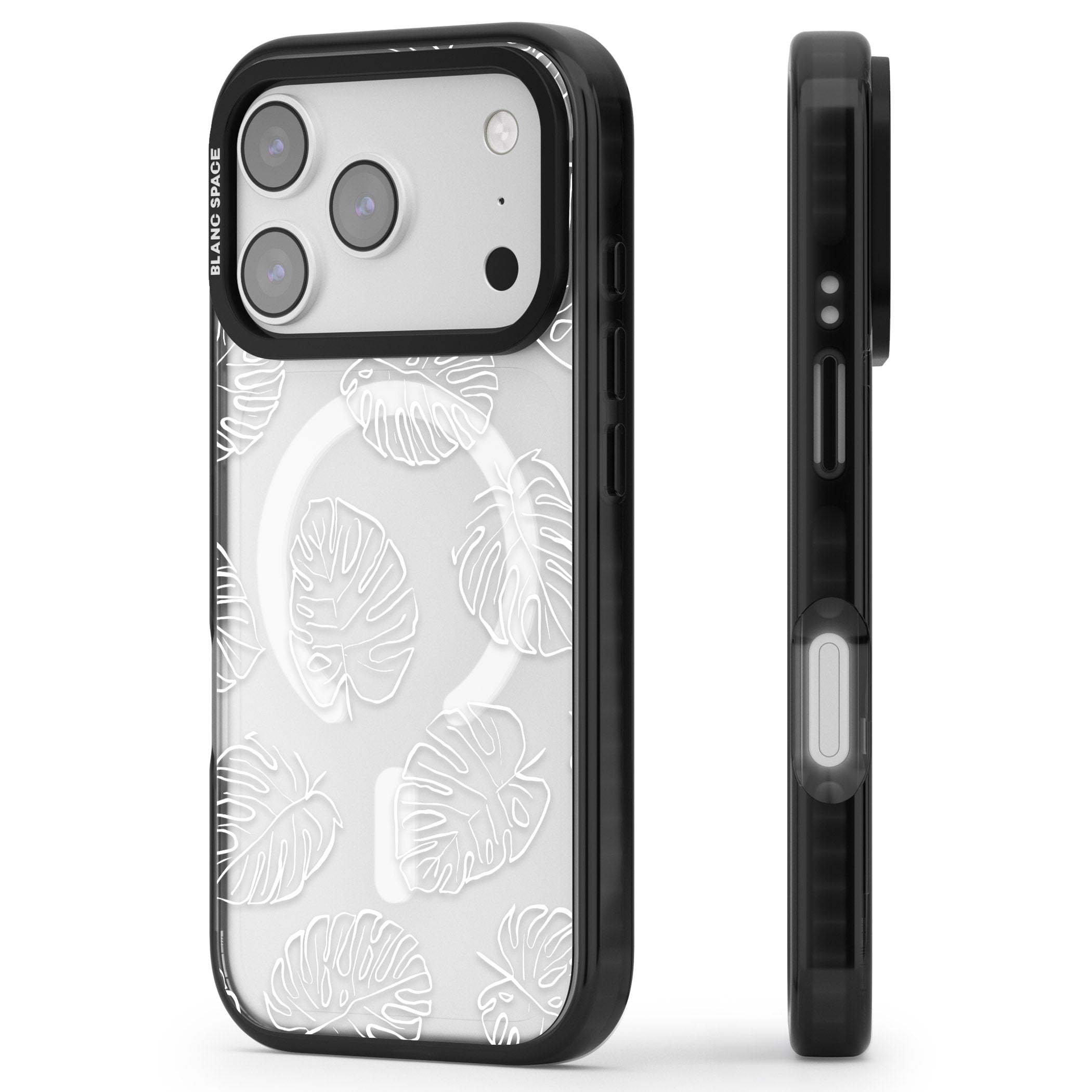 Monstera Outline iPhone 17 Pro Impact Pro Black Phone Case Side Profile