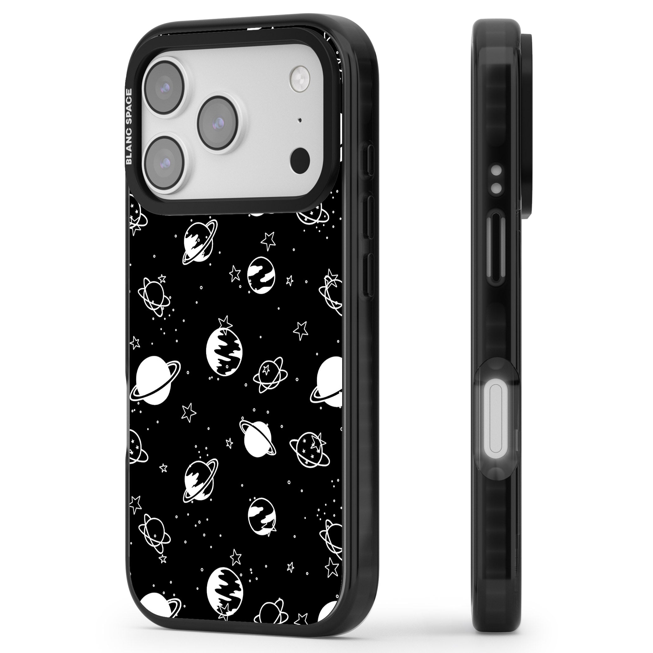 White Planets On Black iPhone 17 Pro Impact Pro Black Phone Case Side Profile