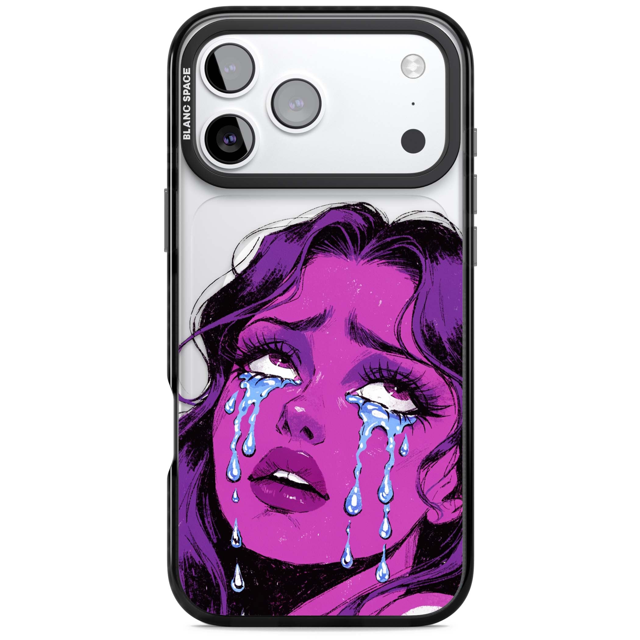 Drama Queen pop art iPhone case featuring a purple crying comic girl with blue tears | Black Impact Magsafe case for iPhone 17 Pro, iPhone 17 Pro Max