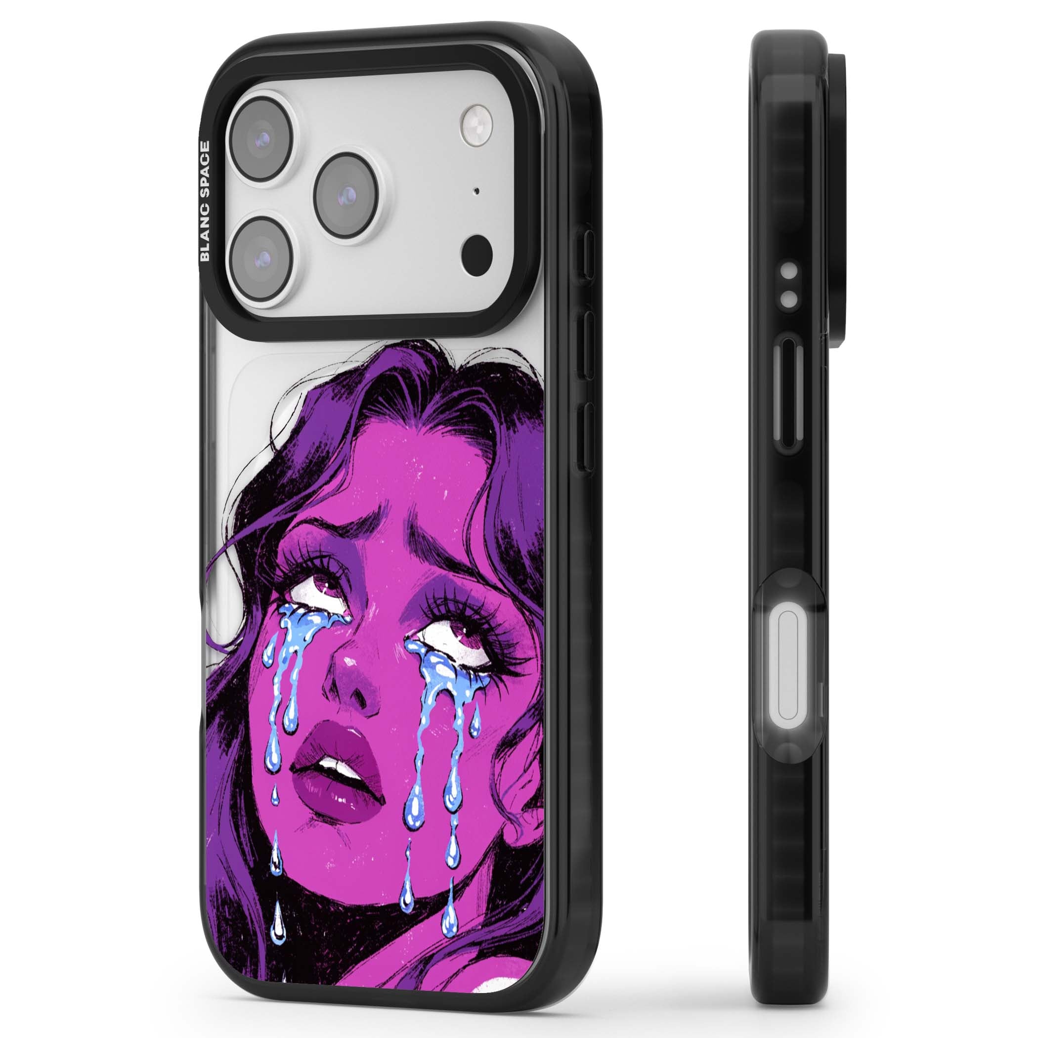 Drama Queen pop art iPhone case featuring a purple crying comic girl with blue tears | Black Impact Magsafe case for iPhone 17 Pro, iPhone 17 Pro Max
