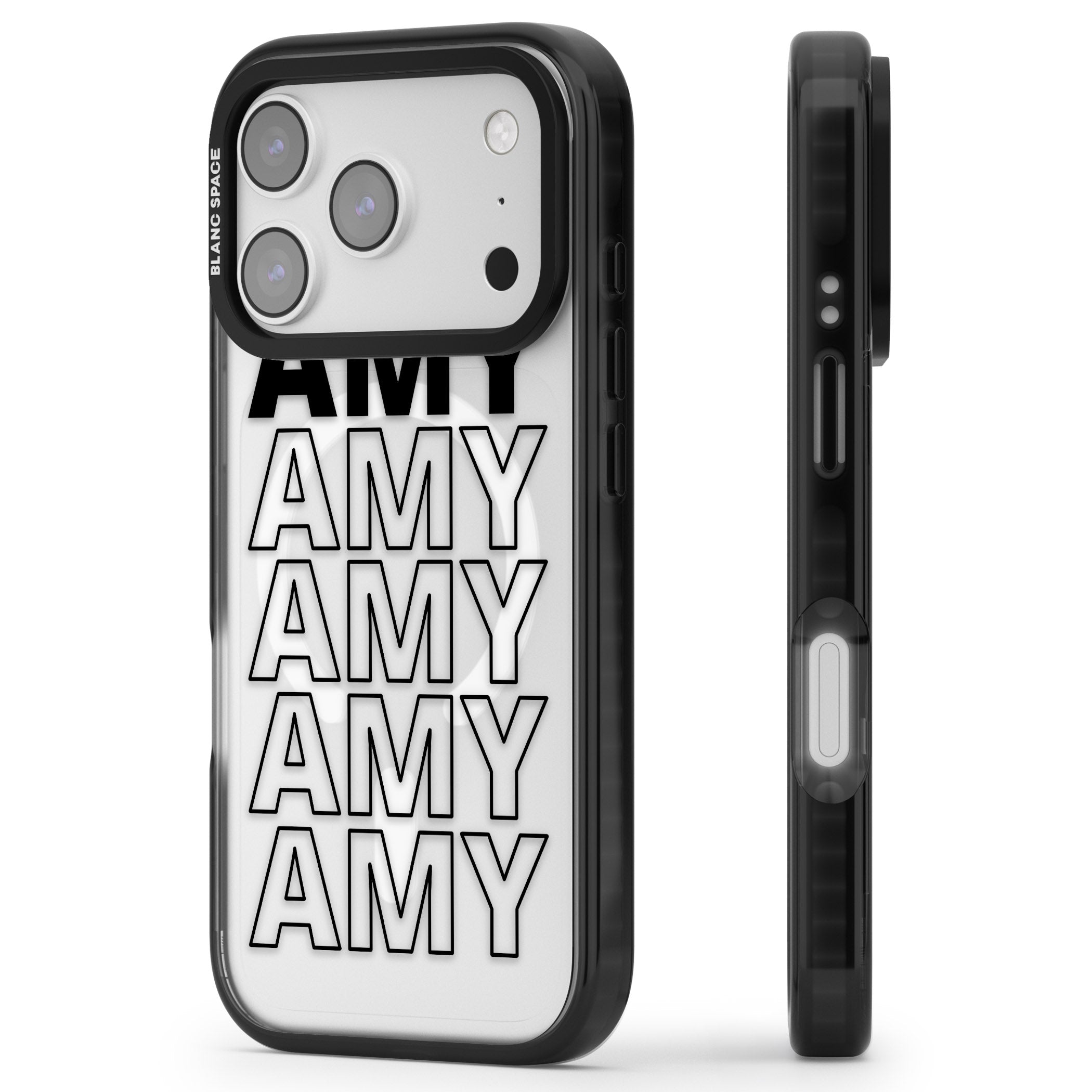 Personalised Bold Name Repetition iPhone 17 Pro Impact Pro Black Phone Case Side Profile