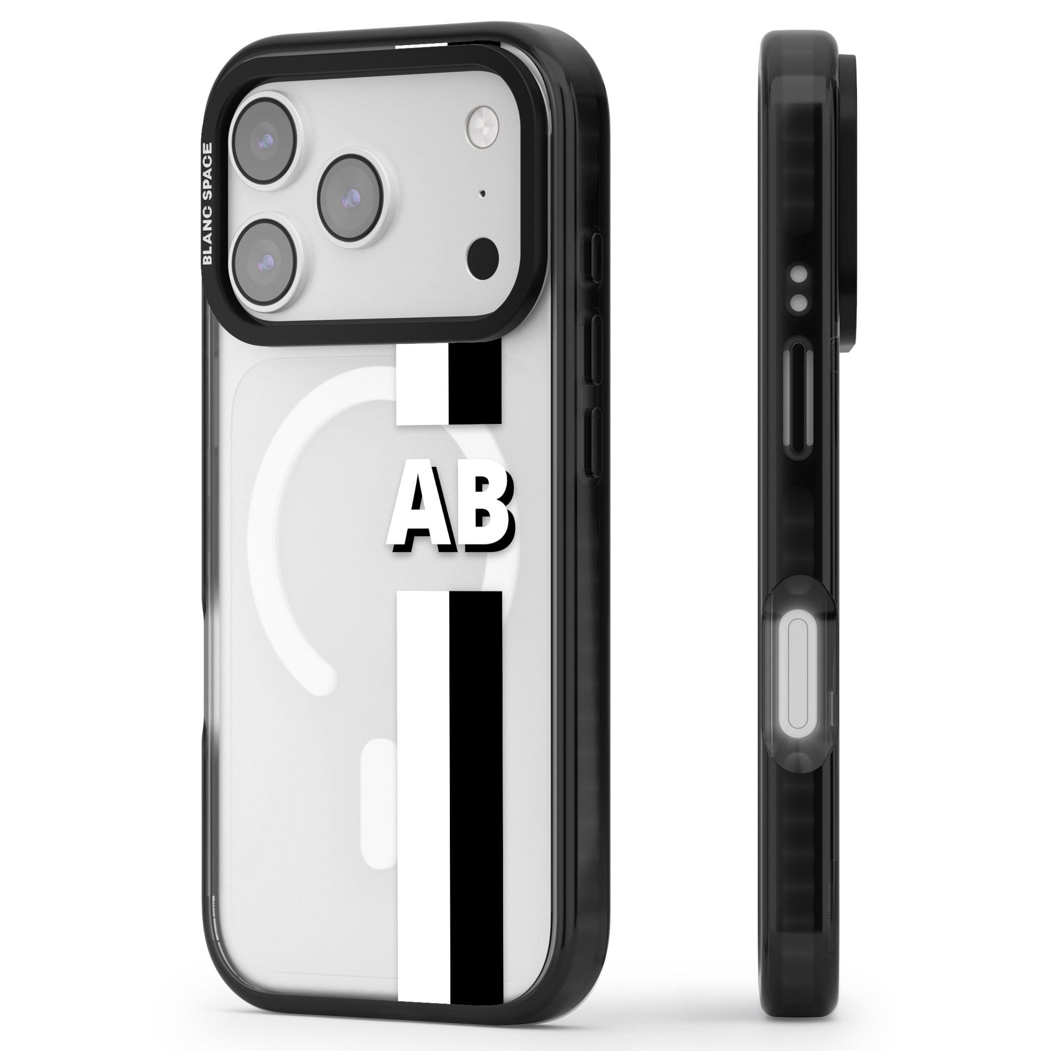 Personalised Bold Two Stripe Name iPhone 17 Pro Impact Pro Black Phone Case Side Profile