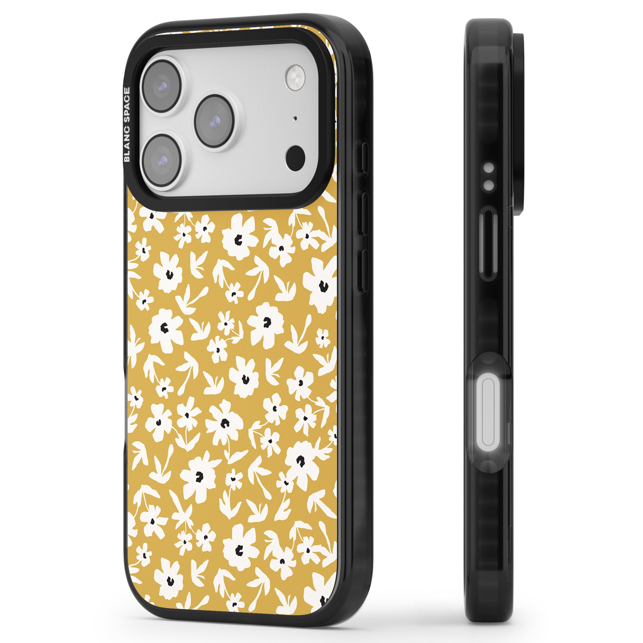 Mustard Floral iPhone 17 Pro Impact Pro Black Phone Case Side Profile