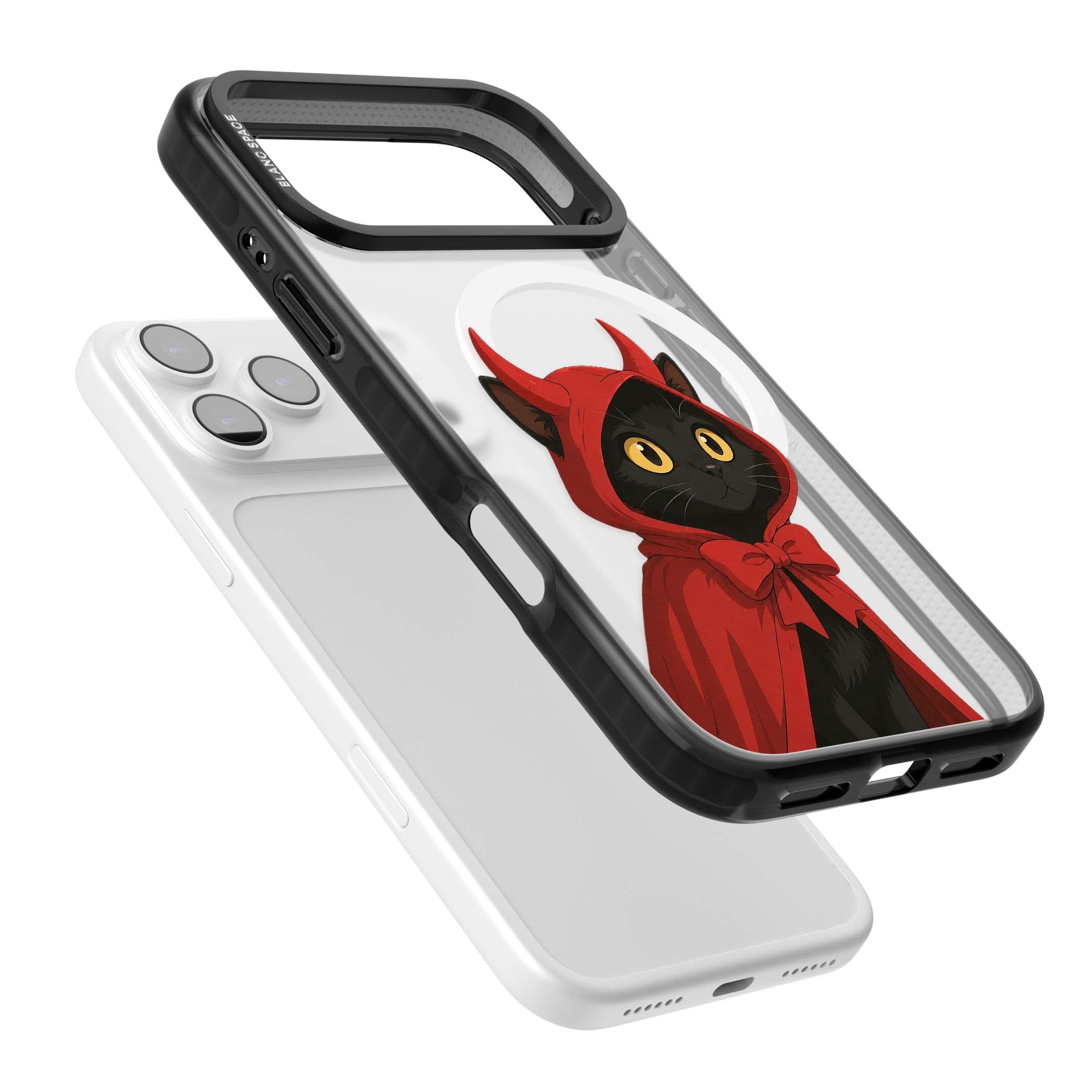 Little Devil halloween iPhone case featuring a black cat in a red hooded devil cloak with horns and golden eyes | Black Impact Magsafe case for iPhone 17 Pro, iPhone 17 Pro Max