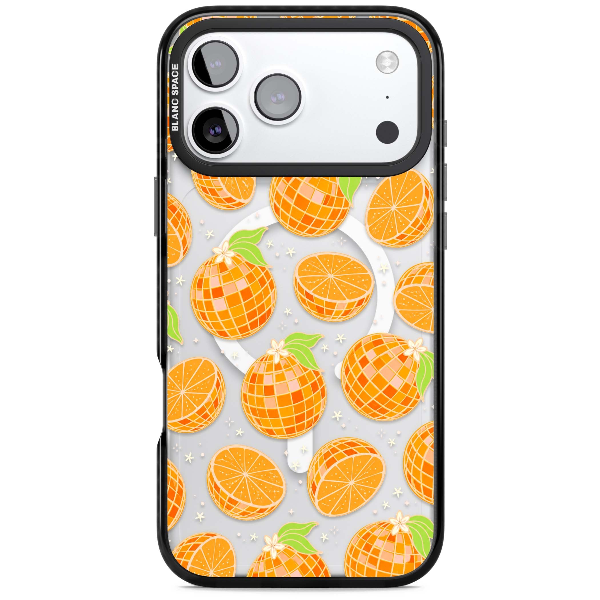 Disco Oranges retro iPhone case featuring mirrorball oranges, citrus slices and tiny blossoms on clear | Black Impact Magsafe case for iPhone 17 Pro, iPhone 17 Pro Max