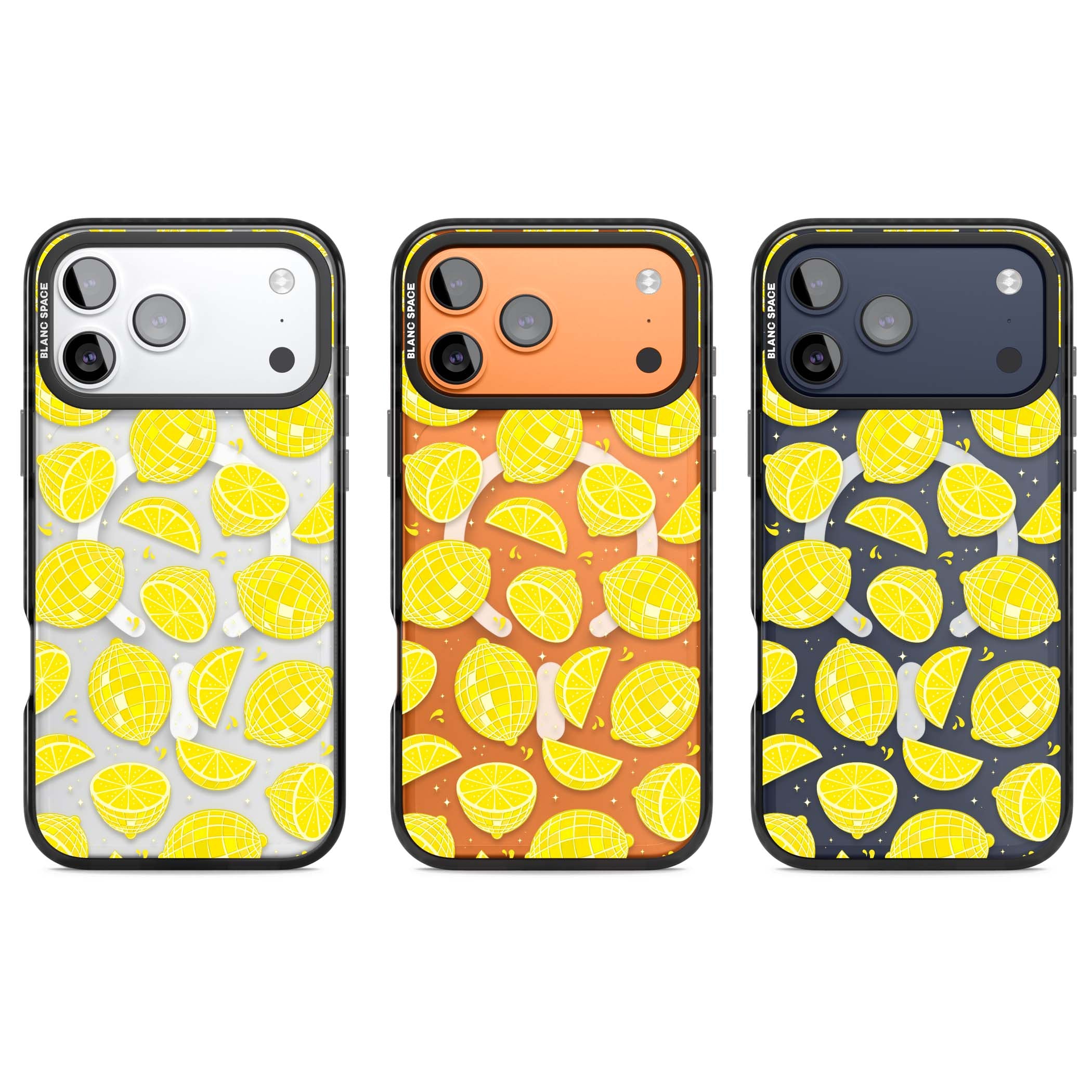 Disco Lemons citrus iPhone case featuring mirrorball lemons, sliced fruit and sparkle accents | Black Impact Magsafe case for iPhone 17 Pro, iPhone 17 Pro Max