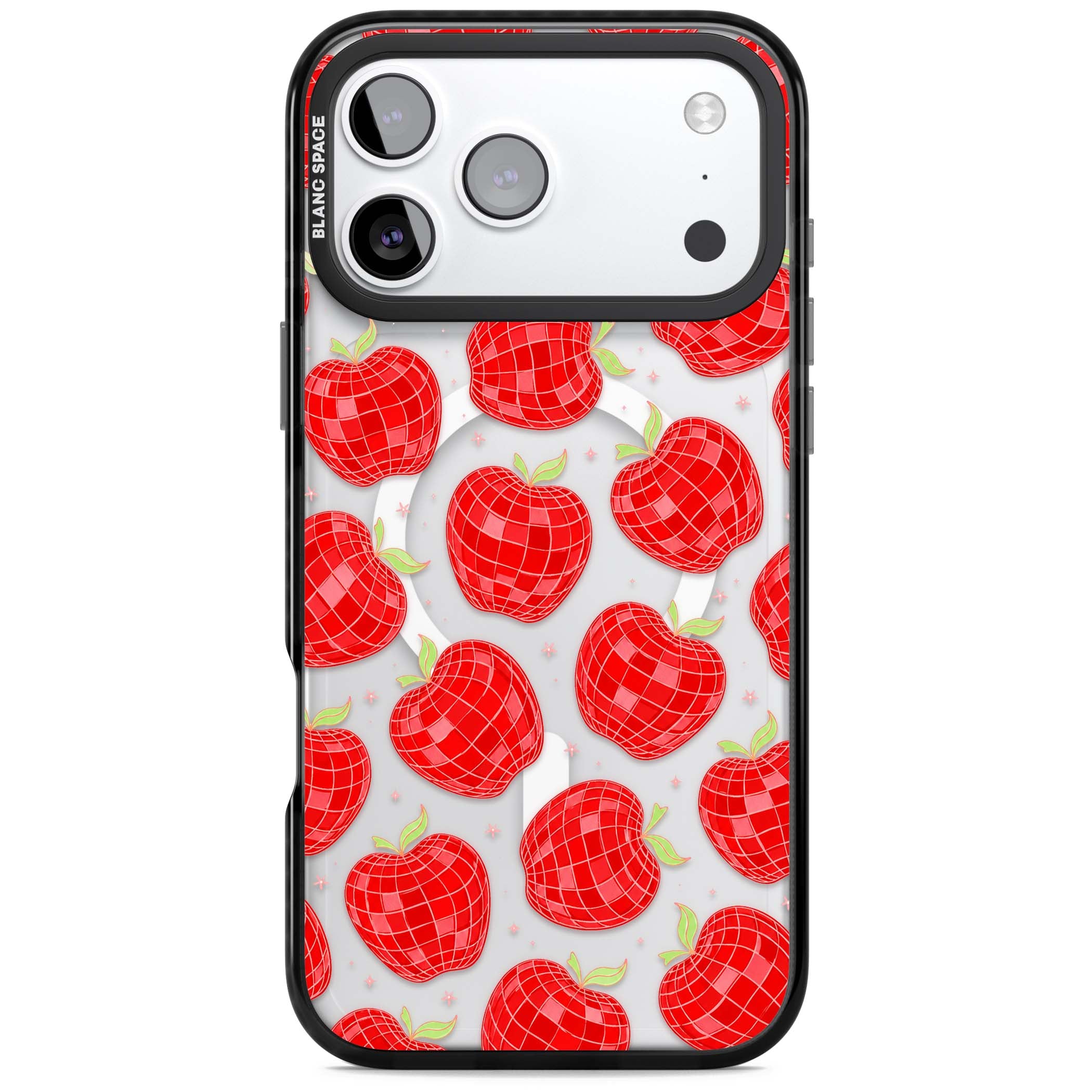Disco Apples Y2K iPhone case featuring red disco ball apples, green leaves and pink sparkles on clear | Black Impact Magsafe case for iPhone 17 Pro, iPhone 17 Pro Max