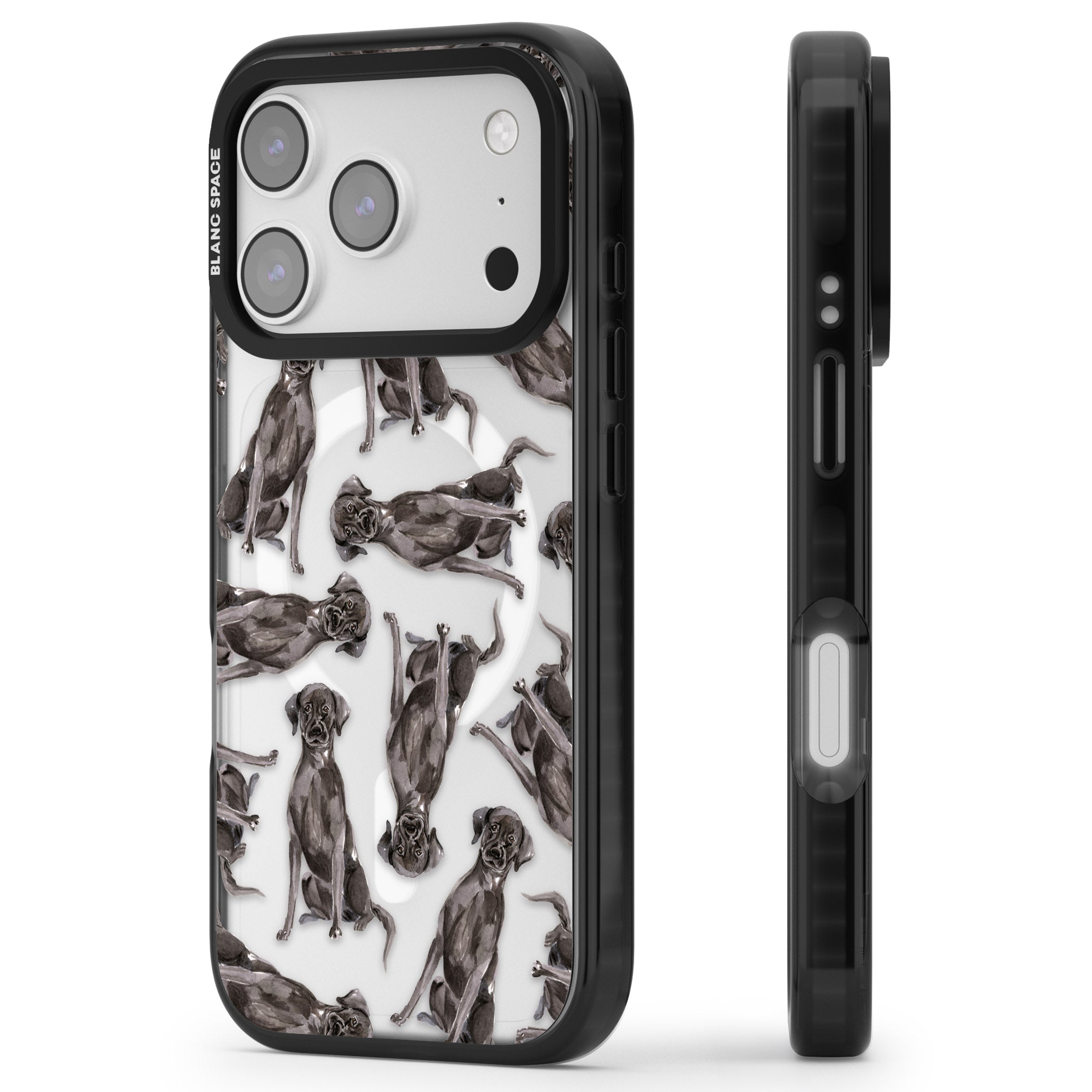 Black Labrador Watercolor Pattern iPhone 17 Pro Impact Pro Black Phone Case Side Profile