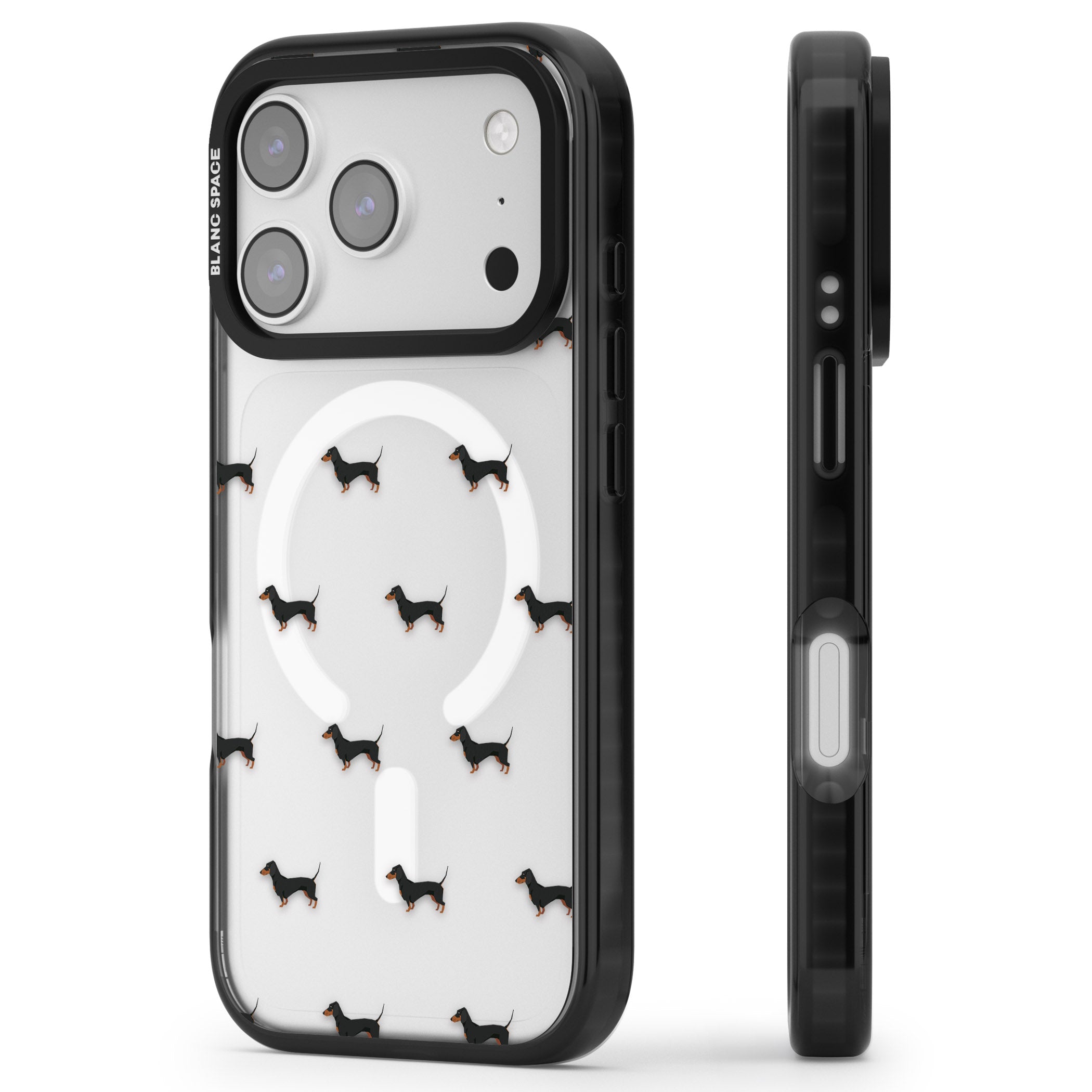 Dachshund Pattern Clear iPhone 17 Pro Impact Pro Black Phone Case Side Profile