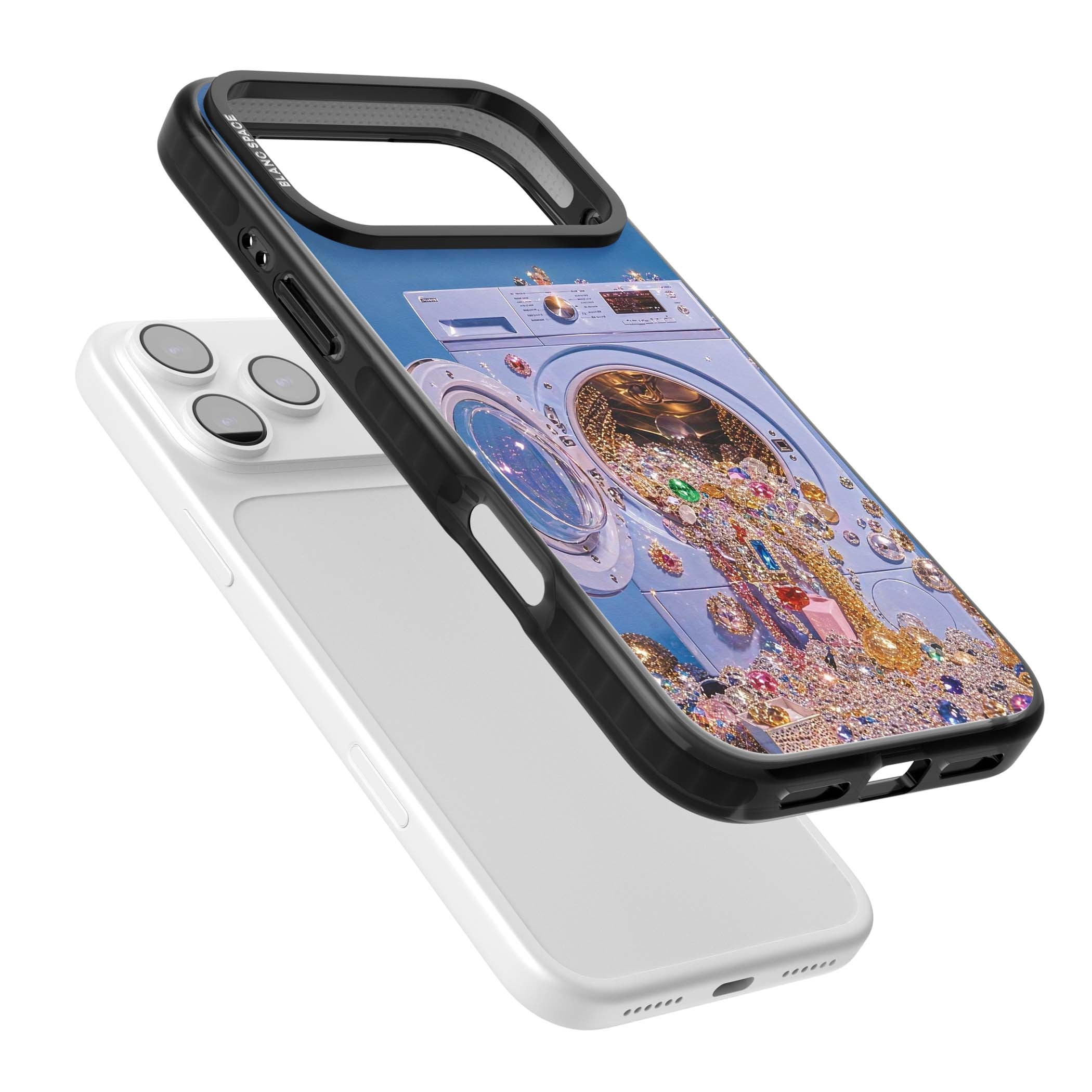 Gem Laundry baddie iPhone case featuring a surreal washing machine overflowing with colourful gemstones and crystals | Black Impact Magsafe case for iPhone 17 Pro, iPhone 17 Pro Max