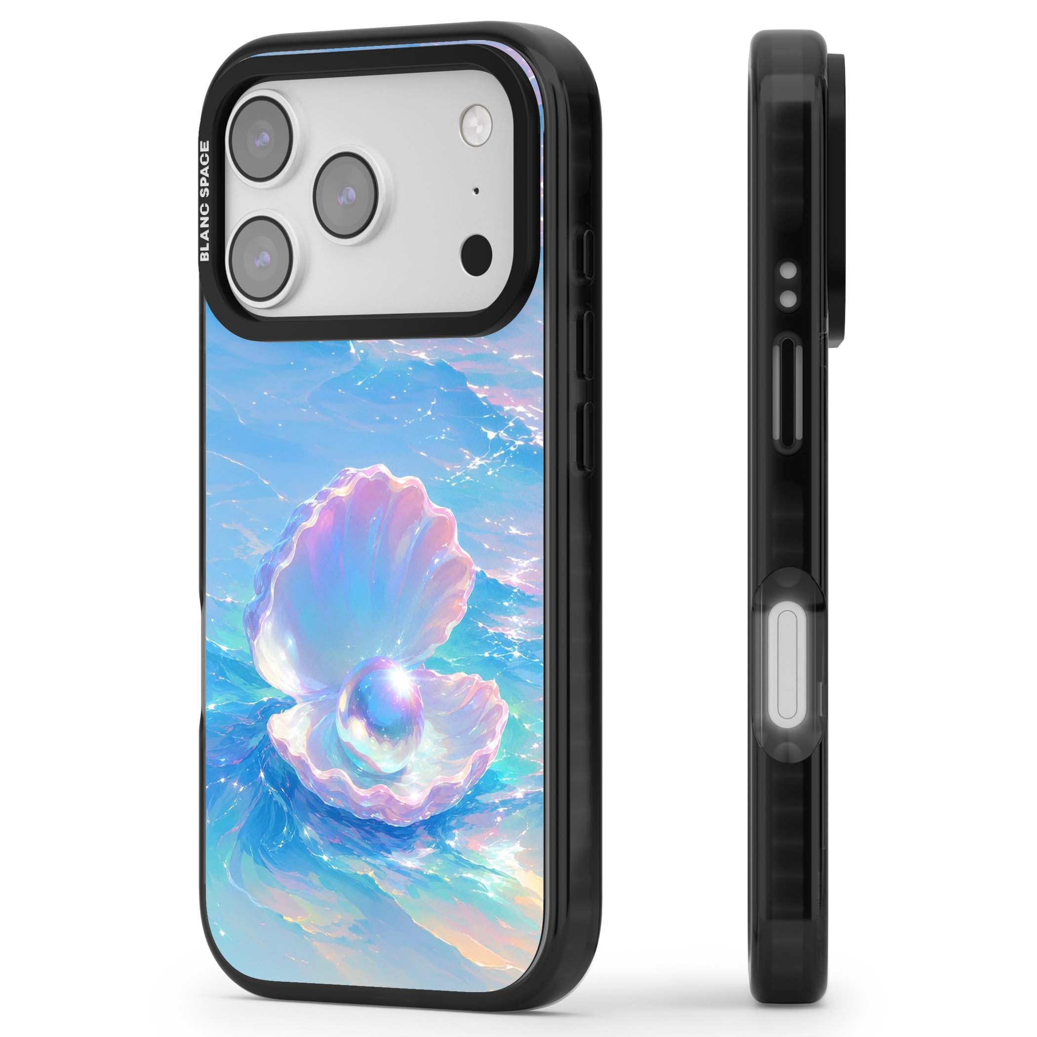 The Pearl Clam mermaidcore iPhone case featuring iridescent seashell, glowing pearl and pastel ocean waves | Black Impact Magsafe case for iPhone 17 Pro, iPhone 17 Pro Max