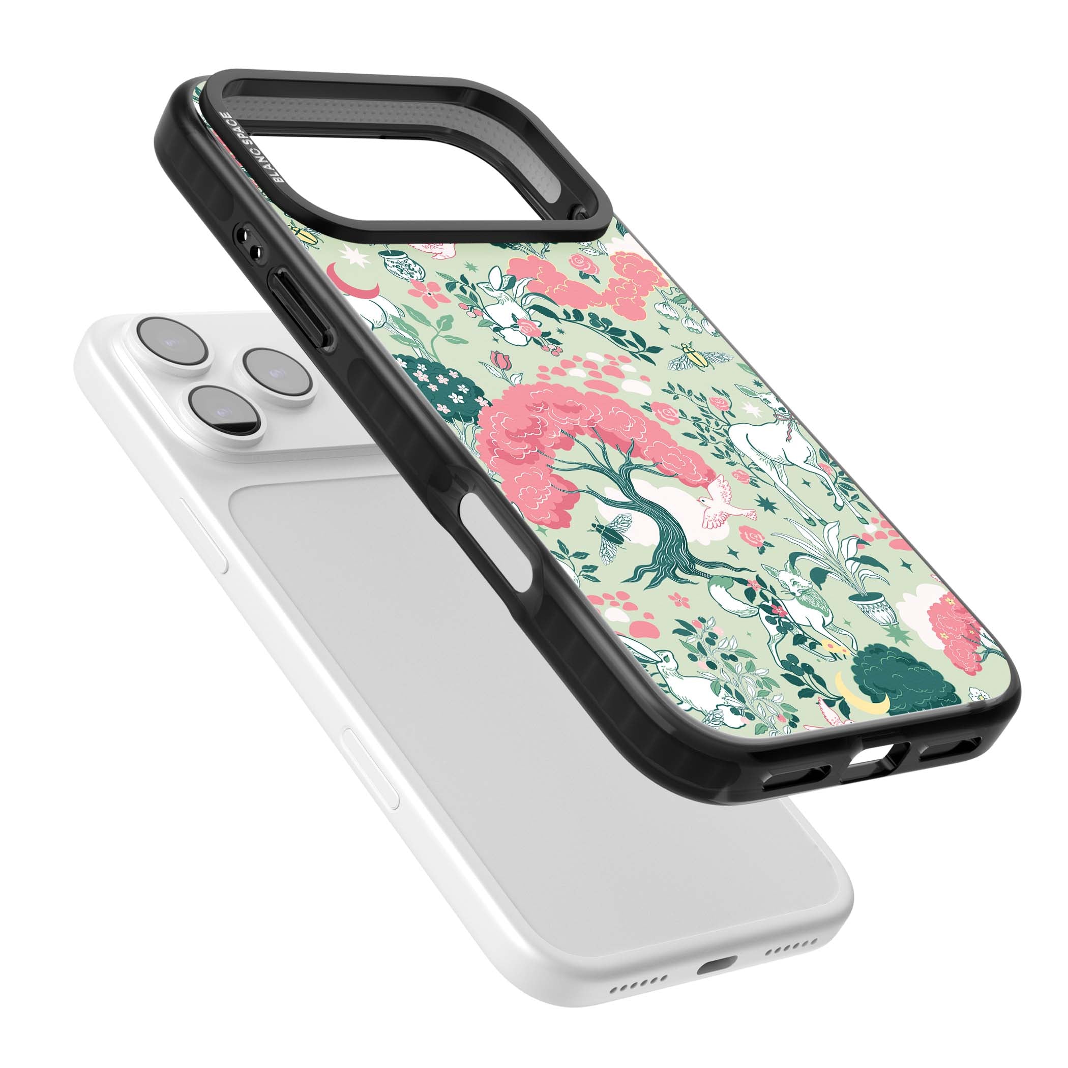 Enchanted Woodland cottagecore iPhone case featuring white deer, pink roses, mushrooms and woodland animals on sage green | Black Impact Magsafe case for iPhone 17 Pro, iPhone 17 Pro Max