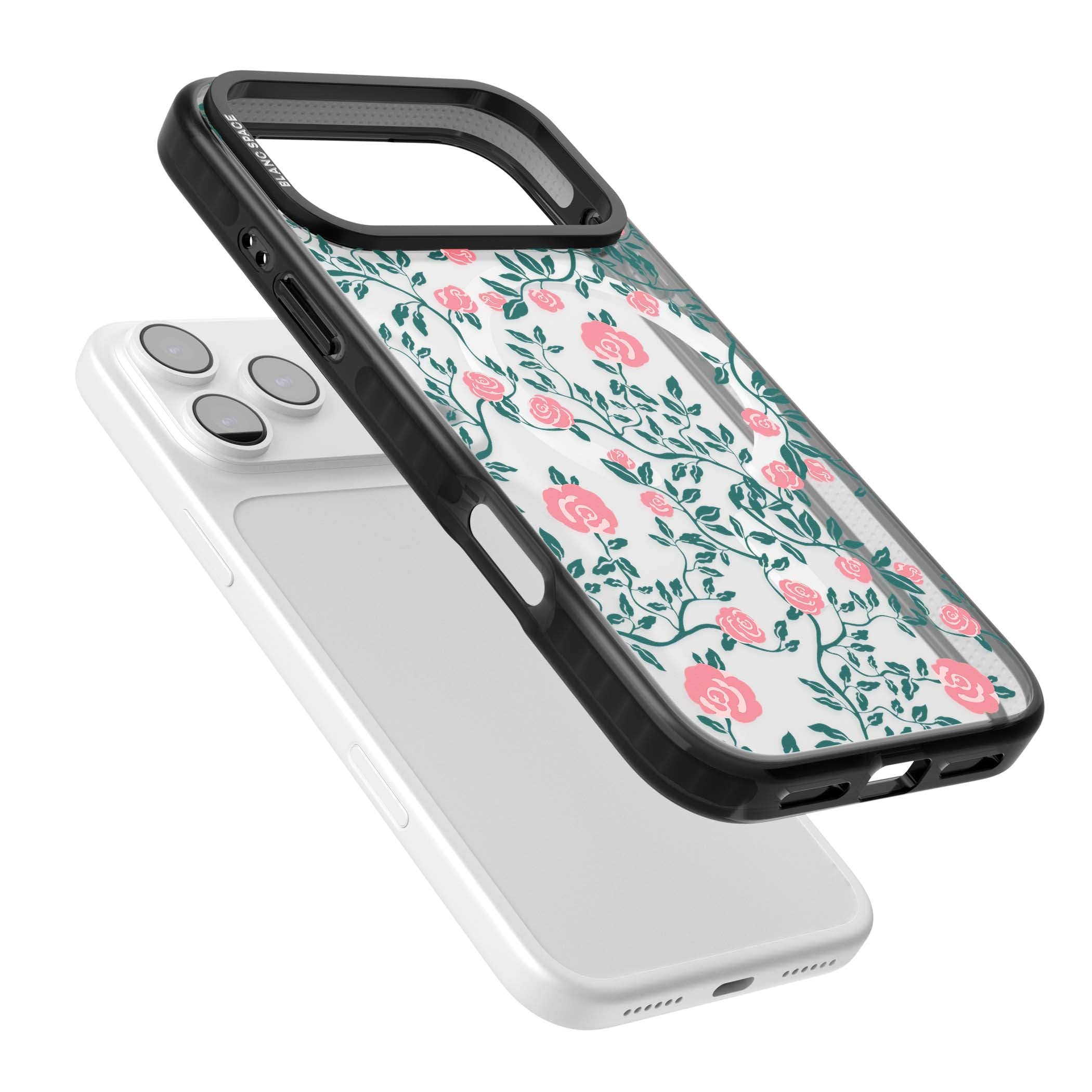 Rose Trellis (Clear) cottagecore iPhone case featuring pink climbing roses and green leaves on clear background | Black Impact Magsafe case for iPhone 17 Pro, iPhone 17 Pro Max