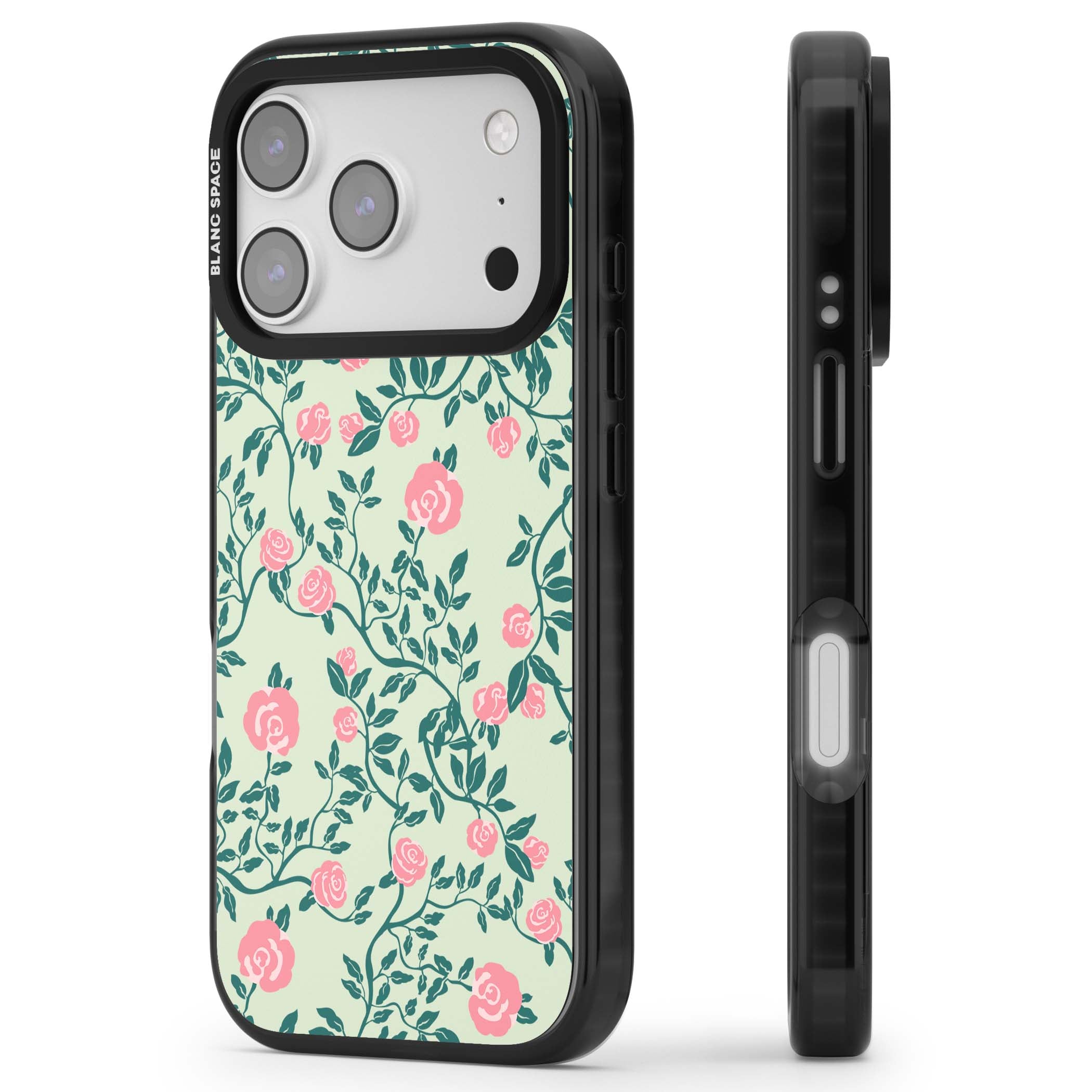 Rose Trellis cottagecore iPhone case featuring pink roses, sage green vines, and mint background | Black Impact Magsafe case for iPhone 17 Pro, iPhone 17 Pro Max