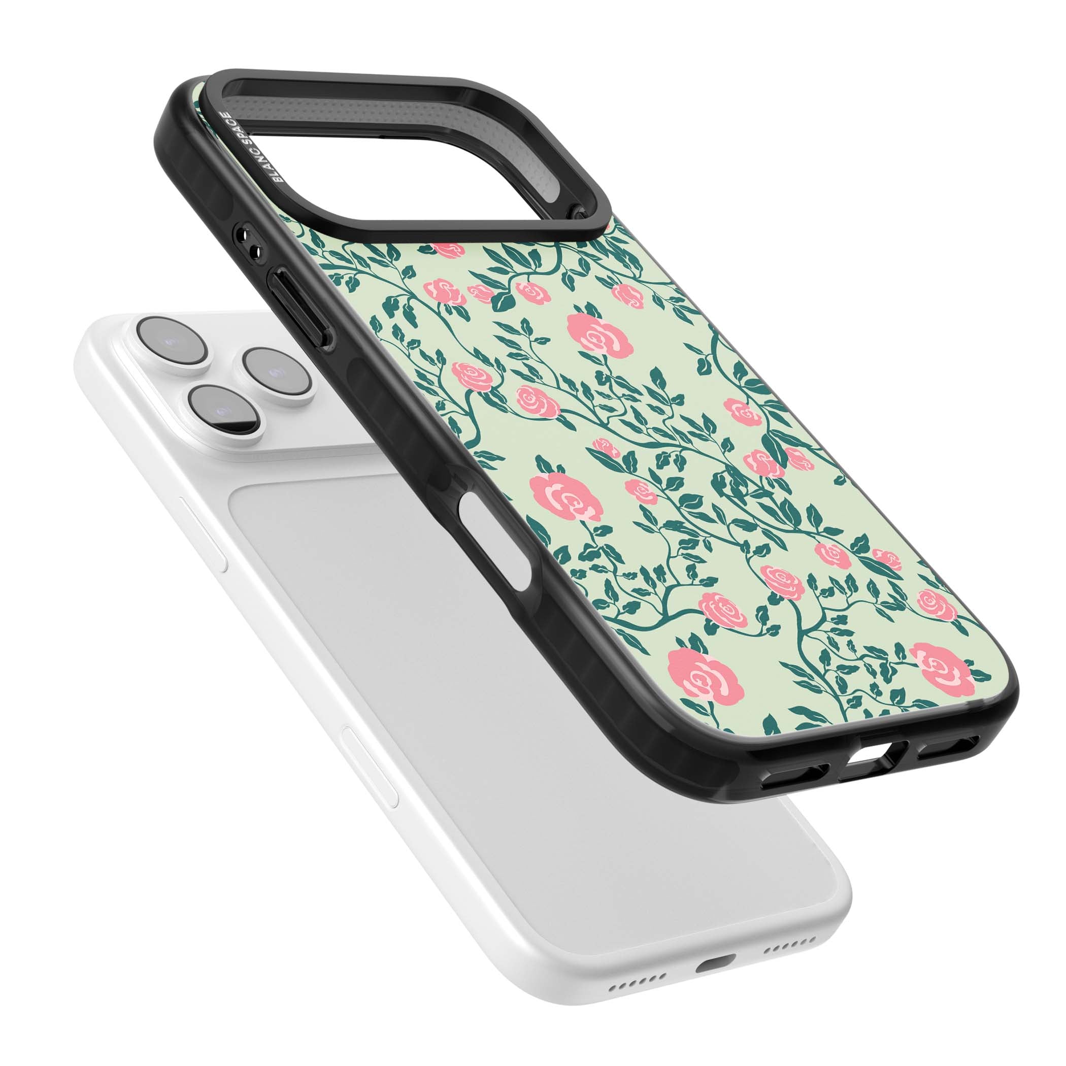 Rose Trellis cottagecore iPhone case featuring pink roses, sage green vines, and mint background | Black Impact Magsafe case for iPhone 17 Pro, iPhone 17 Pro Max
