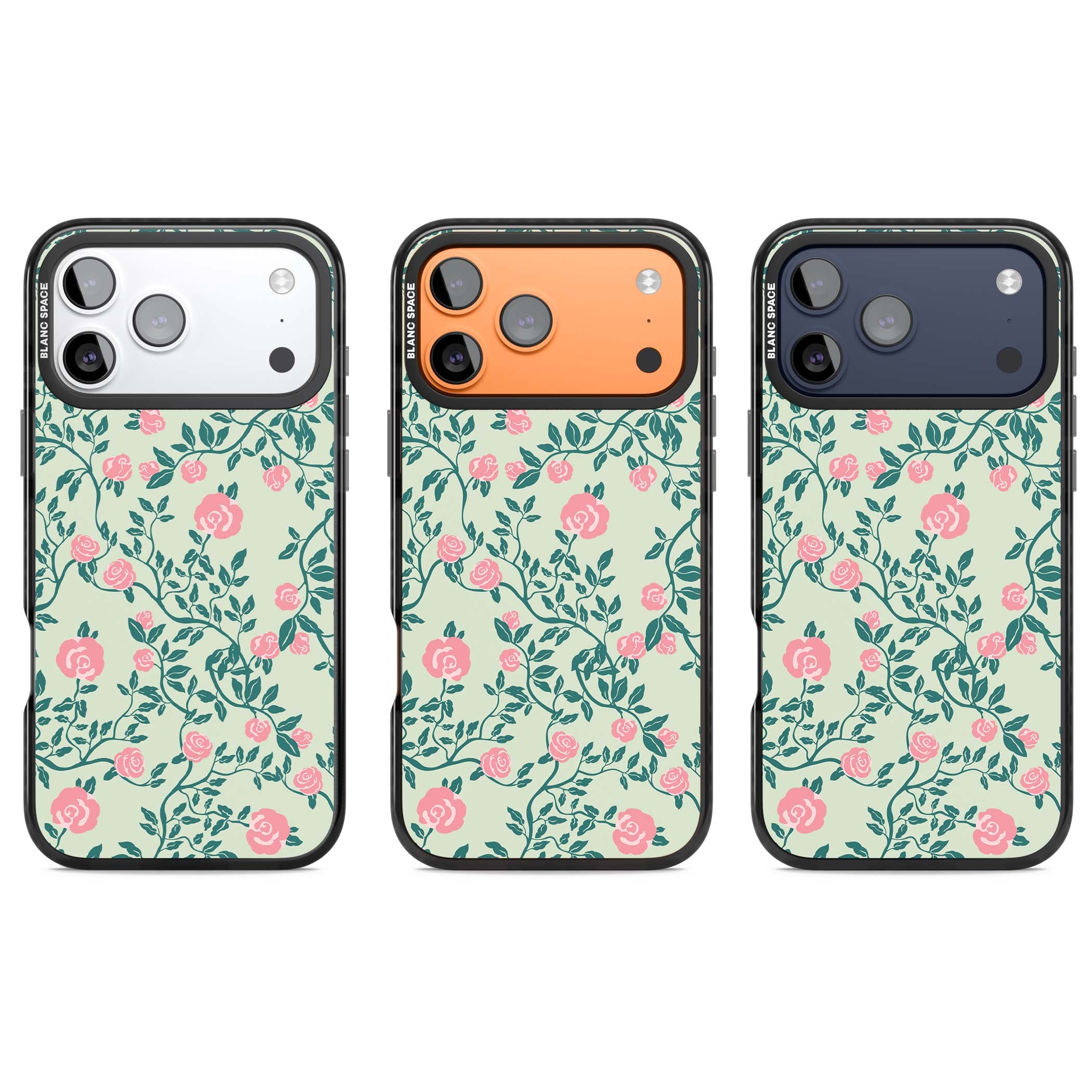 Rose Trellis cottagecore iPhone case featuring pink roses, sage green vines, and mint background | Black Impact Magsafe case for iPhone 17 Pro, iPhone 17 Pro Max