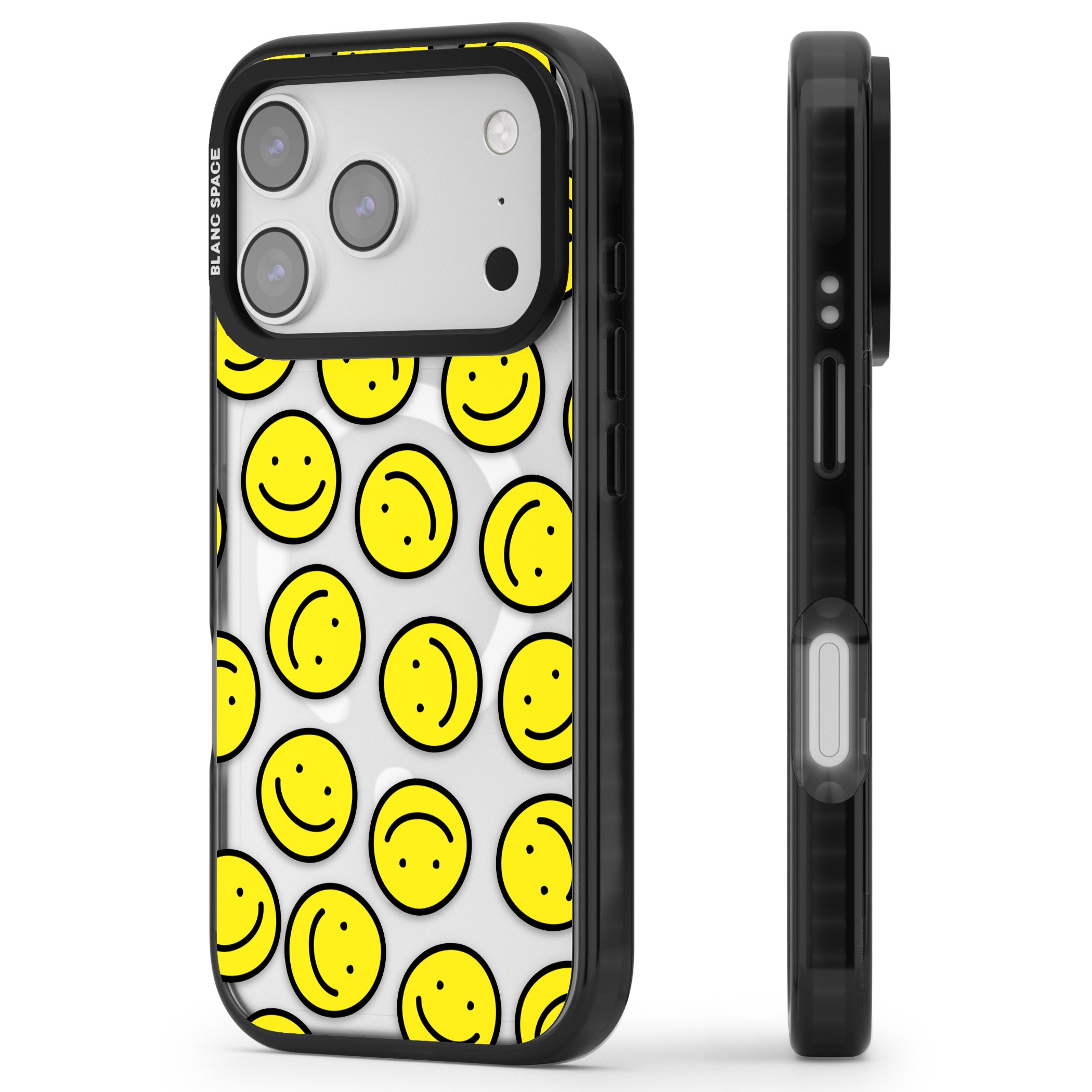 Smiley Face Pattern iPhone 17 Pro Impact Pro Black Phone Case Side Profile