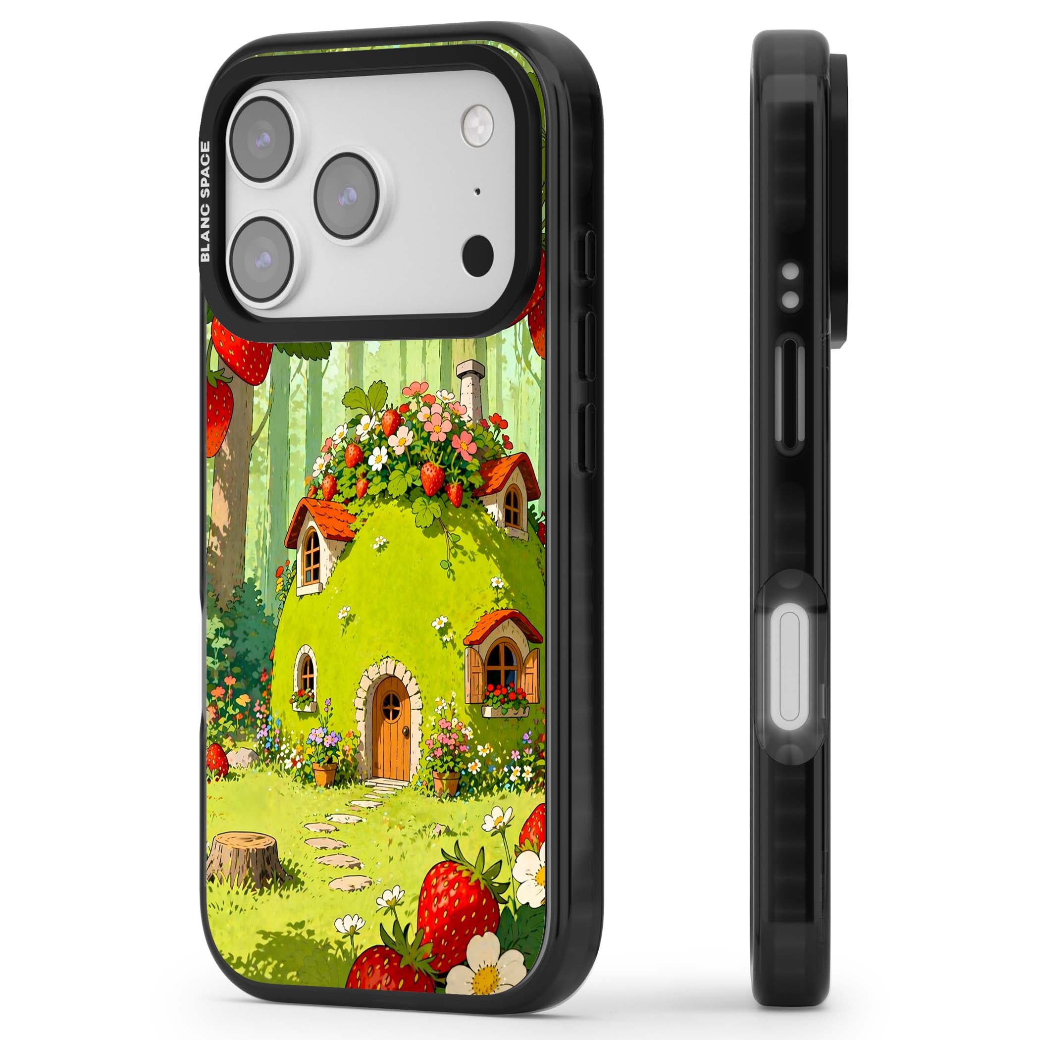 Strawberry Cottage cottagecore iPhone case featuring a green fairy house, wild strawberries and enchanted forest flowers | Black Impact Magsafe case for iPhone 17 Pro, iPhone 17 Pro Max