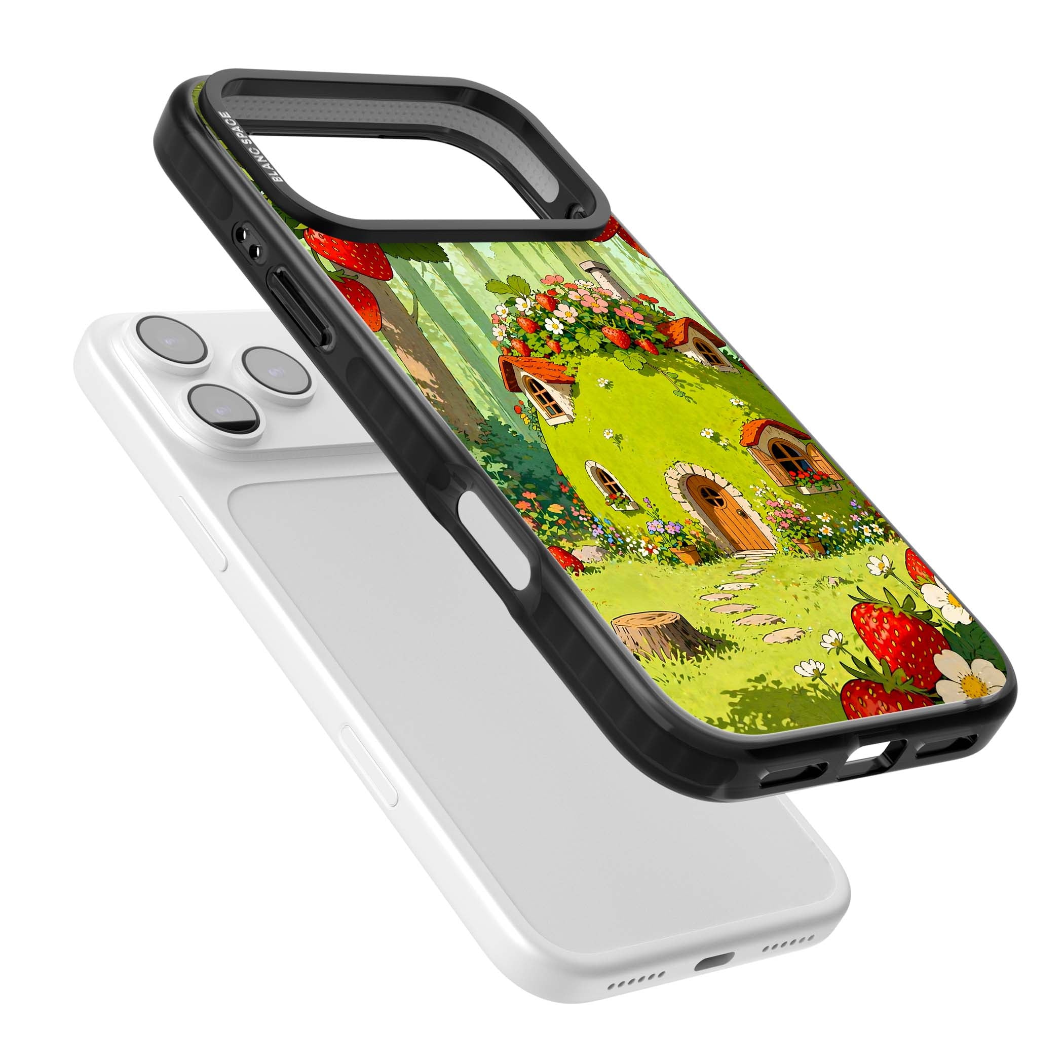 Strawberry Cottage cottagecore iPhone case featuring a green fairy house, wild strawberries and enchanted forest flowers | Black Impact Magsafe case for iPhone 17 Pro, iPhone 17 Pro Max