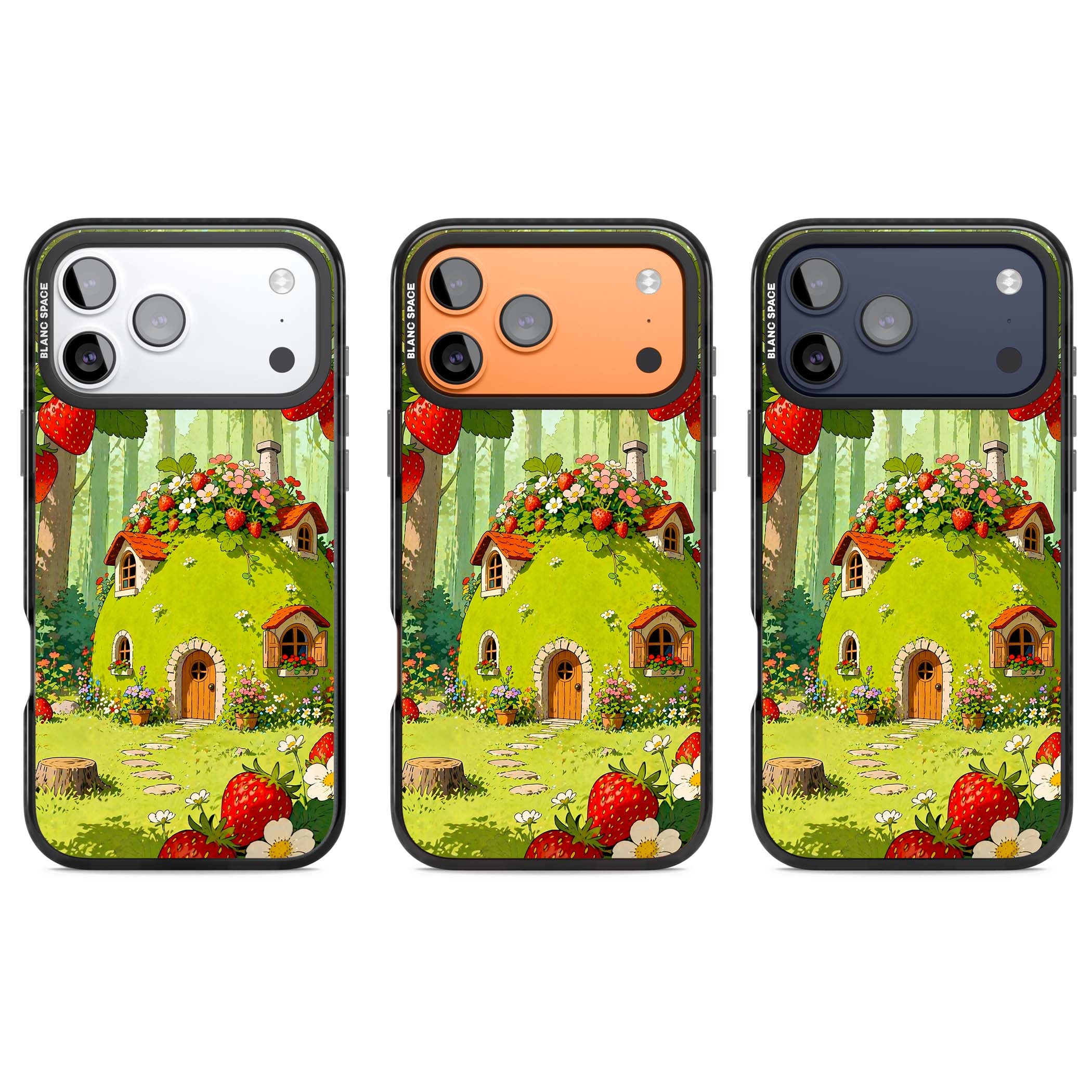 Strawberry Cottage cottagecore iPhone case featuring a green fairy house, wild strawberries and enchanted forest flowers | Black Impact Magsafe case for iPhone 17 Pro, iPhone 17 Pro Max