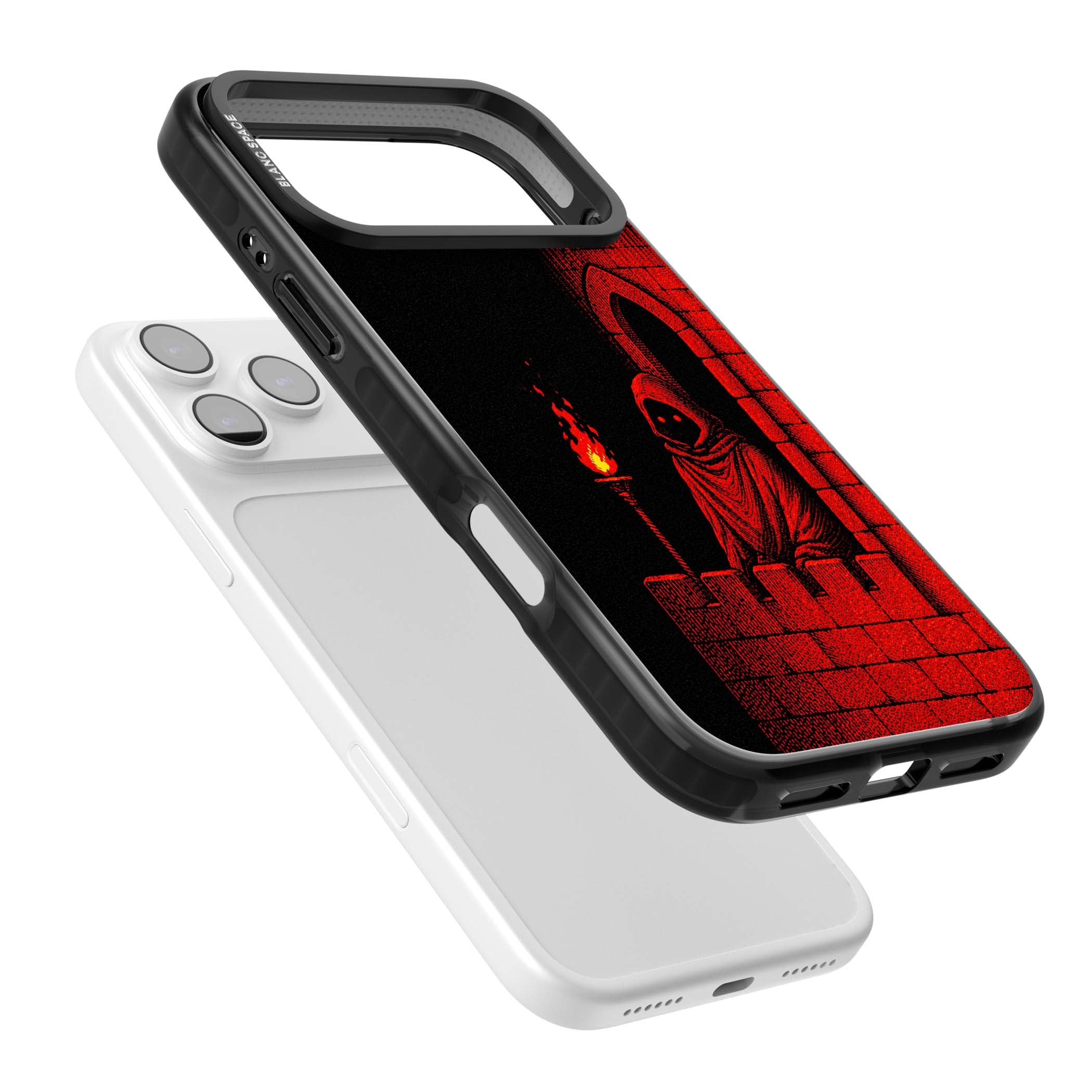 Crimson Crypt gothic iPhone case featuring a hooded reaper, torchlit crypt archway and red halftone horror art | Black Impact Magsafe case for iPhone 17 Pro, iPhone 17 Pro Max