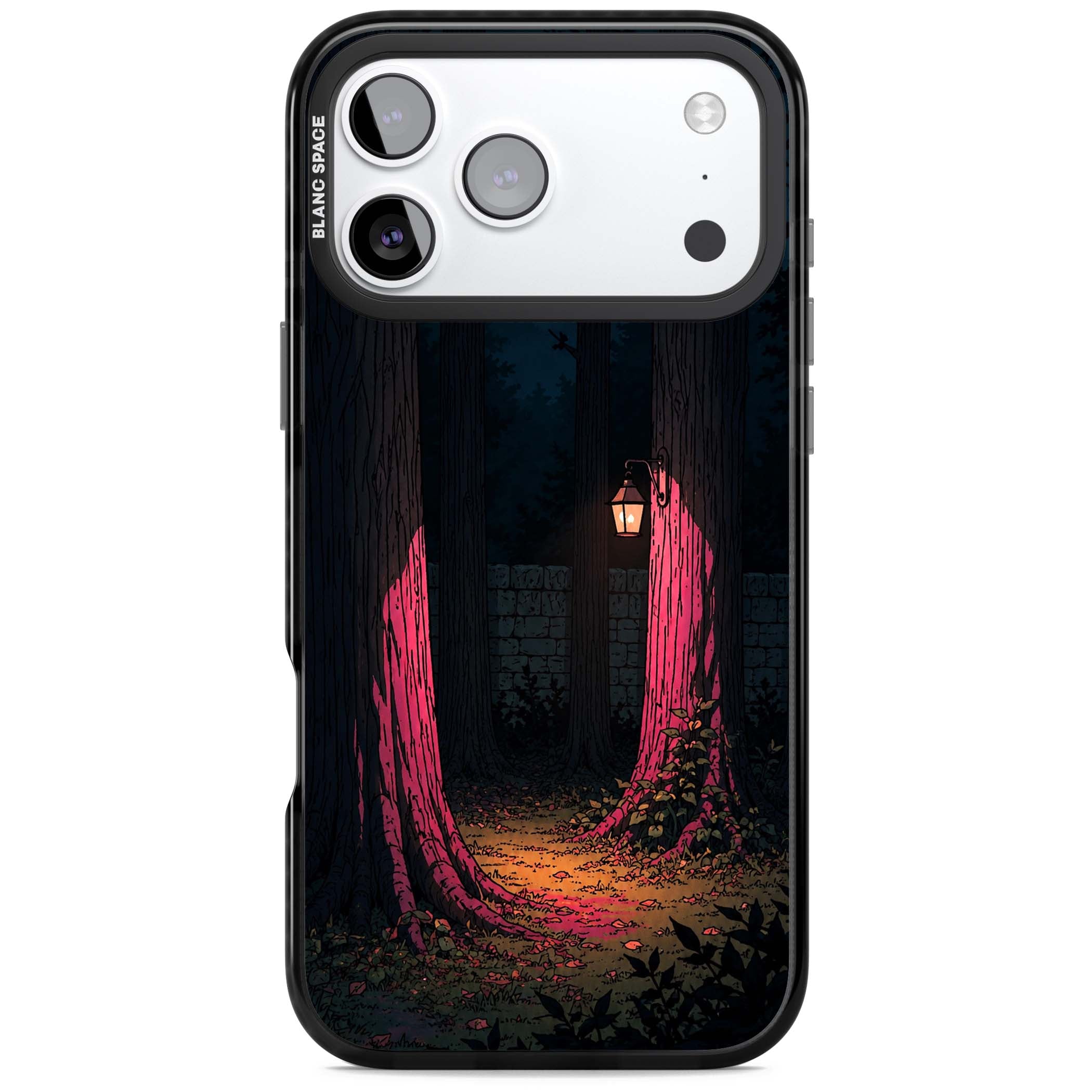Forest Lantern dark academia iPhone case featuring a moonlit forest, glowing lantern, and stone wall pathway | Black Impact Magsafe case for iPhone 17 Pro, iPhone 17 Pro Max
