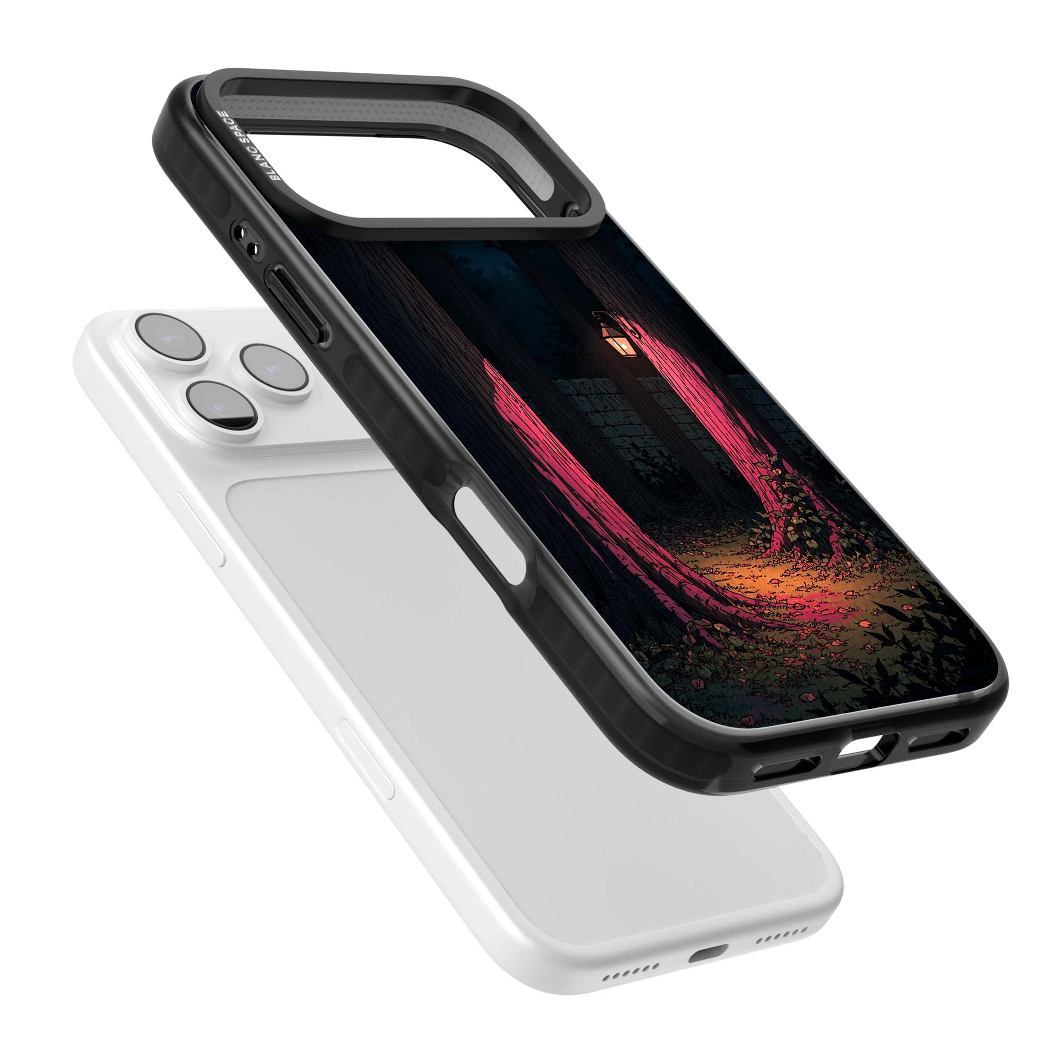 Forest Lantern dark academia iPhone case featuring a moonlit forest, glowing lantern, and stone wall pathway | Black Impact Magsafe case for iPhone 17 Pro, iPhone 17 Pro Max