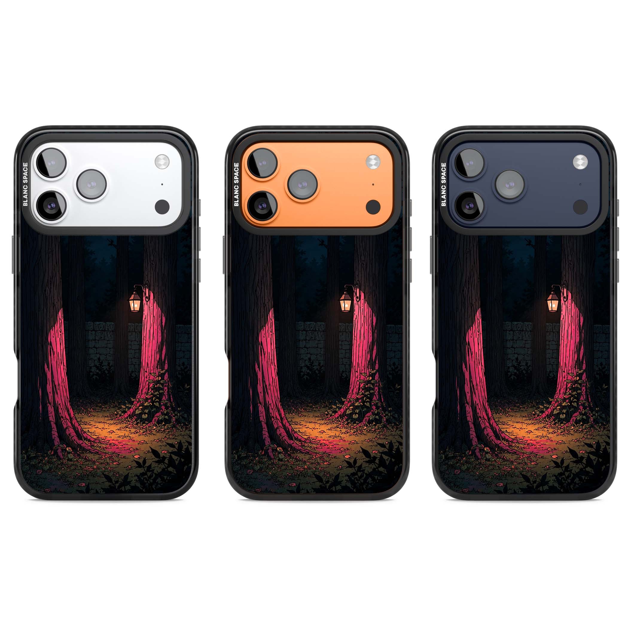 Forest Lantern dark academia iPhone case featuring a moonlit forest, glowing lantern, and stone wall pathway | Black Impact Magsafe case for iPhone 17 Pro, iPhone 17 Pro Max