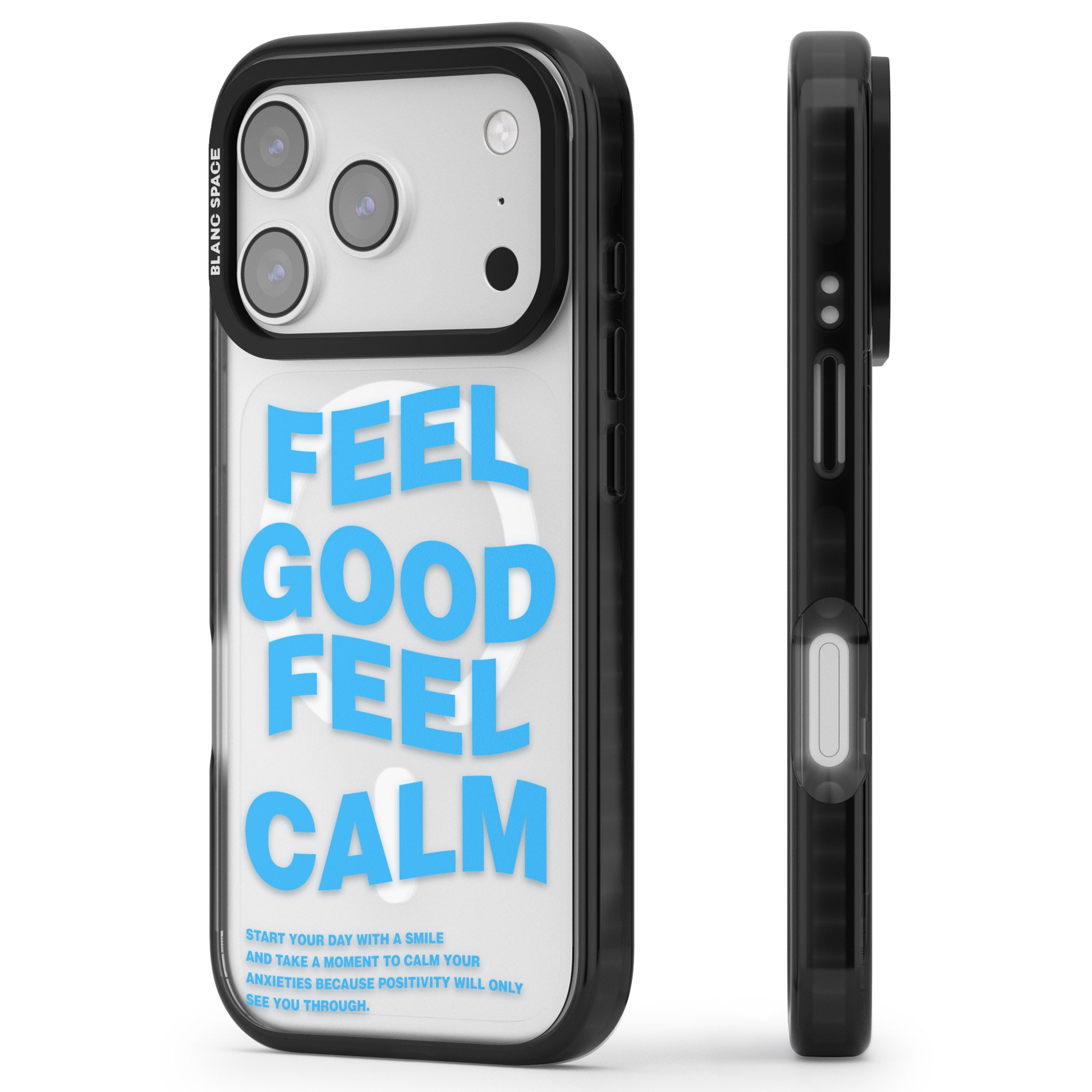 Feel Good Feel Calm (Blue) iPhone 17 Pro Impact Pro Black Phone Case Side Profile